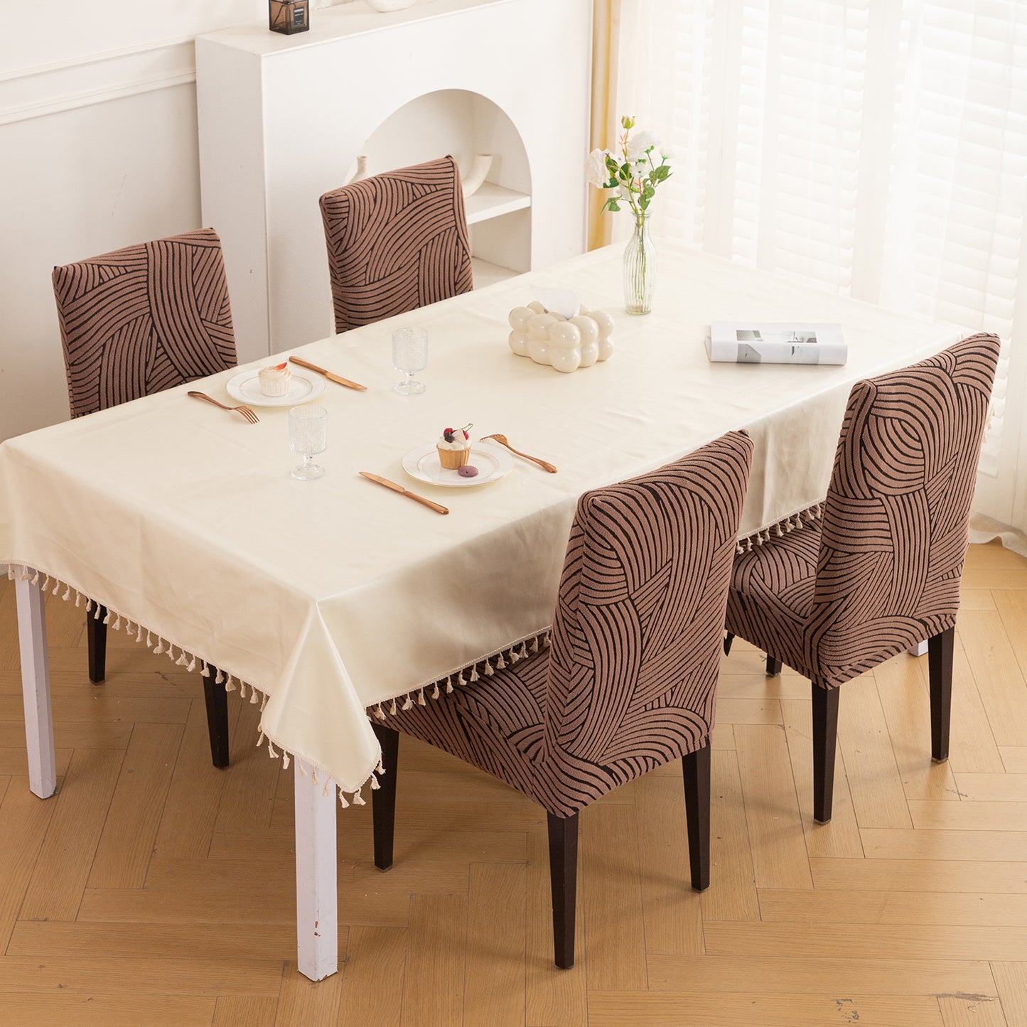 WaveLine Series 180 GSM Jacquard Chair Cover Set of 1/2/4/6, Rust Brown