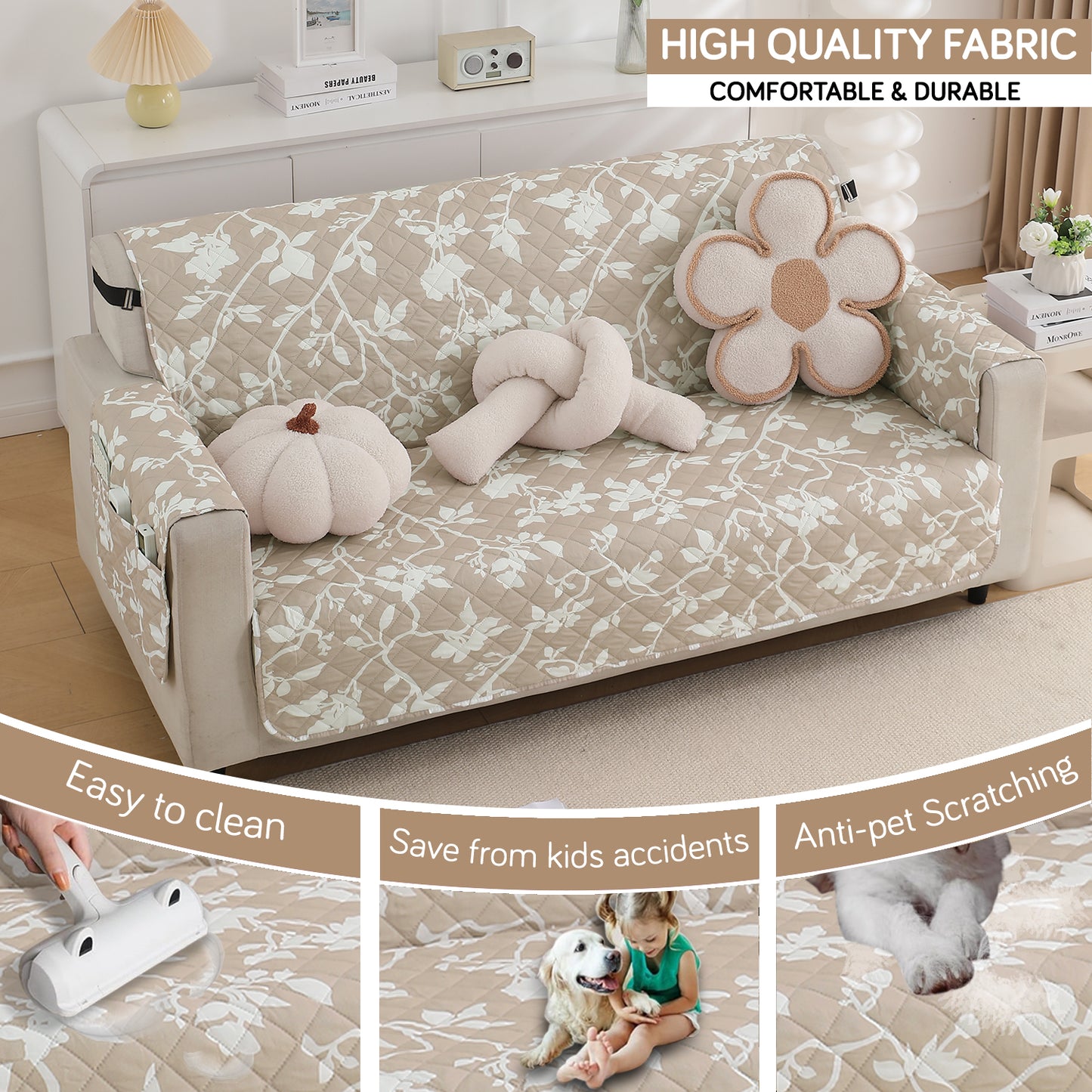 Waterproof & Quick-Dry Quilted Sofa Cover with Pockets on Armrest, Buff Brown Sillehoute Floral
