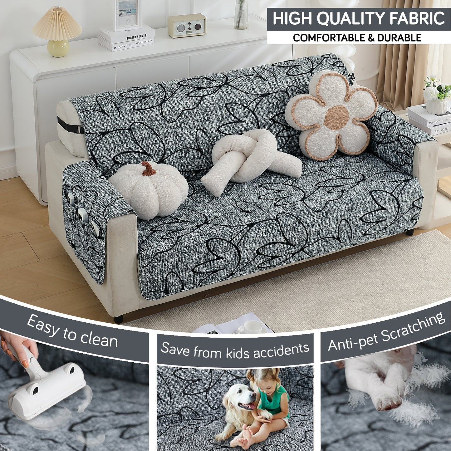 Waterproof & Quick-Dry Quilted Sofa Cover with Pockets on Armrest, Intense Grey Abstract Floral