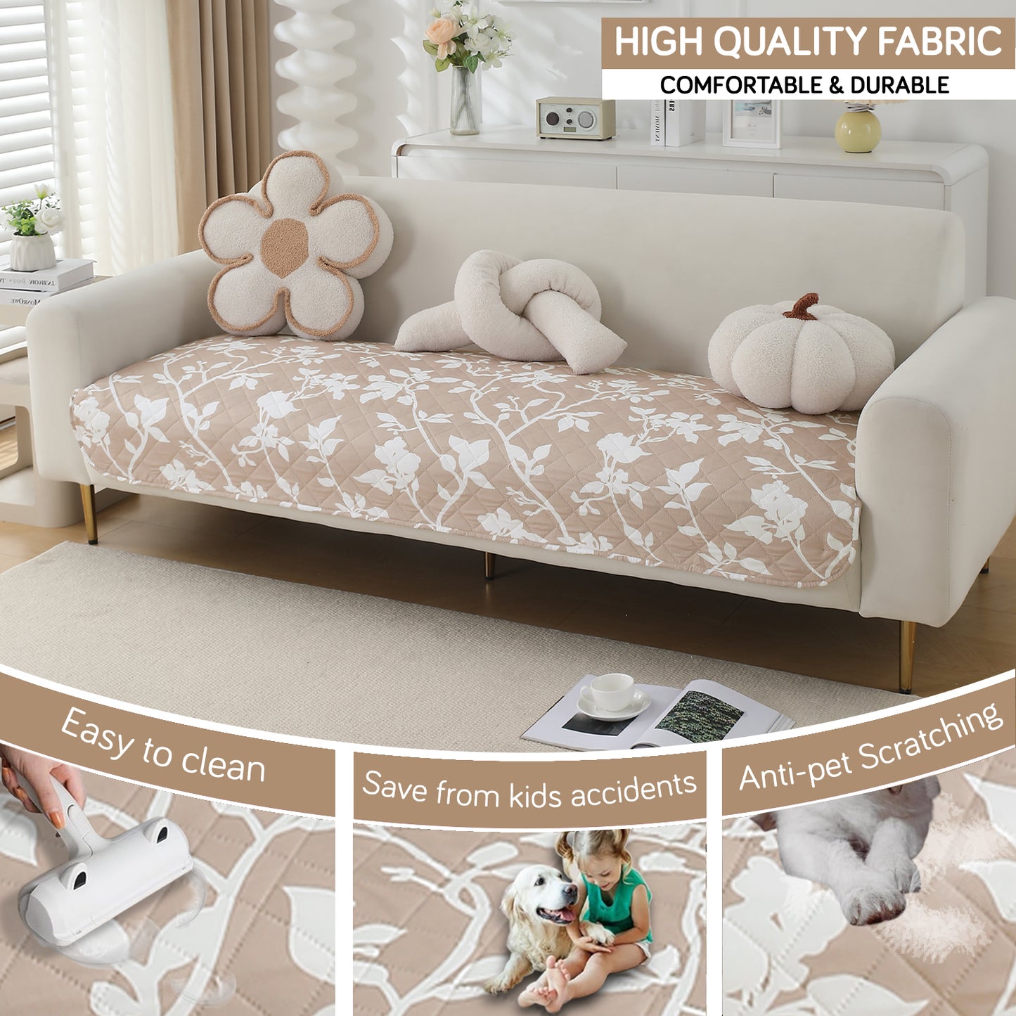 HOKIPO Water Repellent + Waterproof Quilted Sofa Mats, Buff Brown Sillehoute Floral
