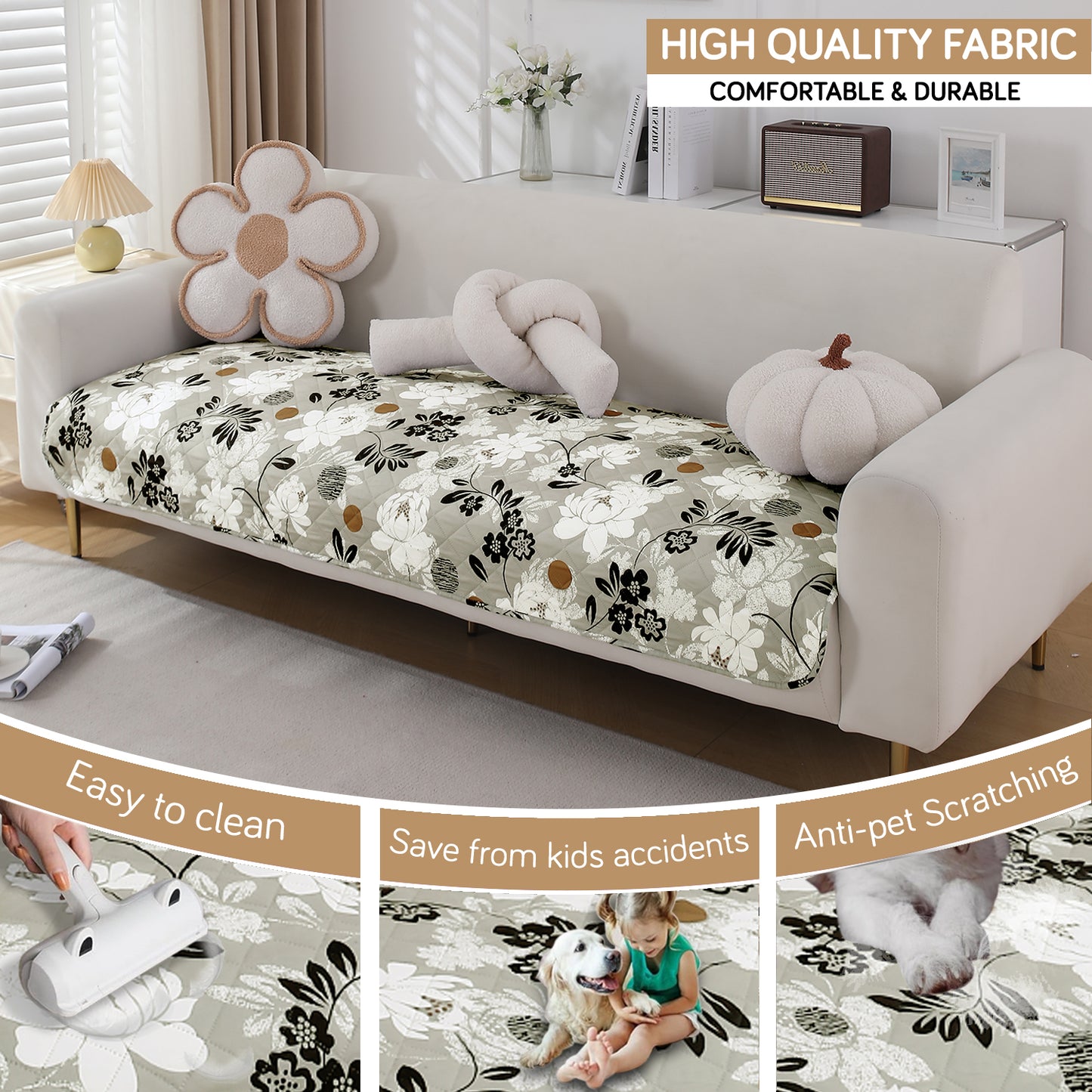 HOKIPO Water Repellent + Waterproof Quilted Sofa Mats, Feather Brown Floral