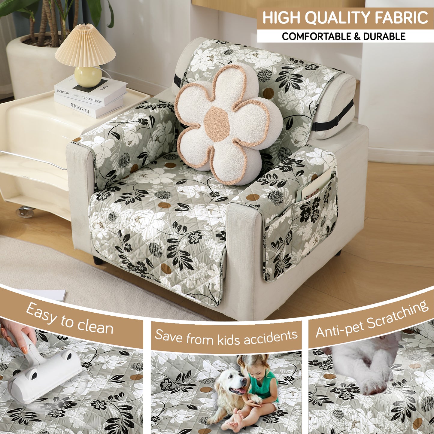 Waterproof & Quick-Dry Quilted Seater Sofa Cover with Pockets on Armrest, Feather Brown Floral