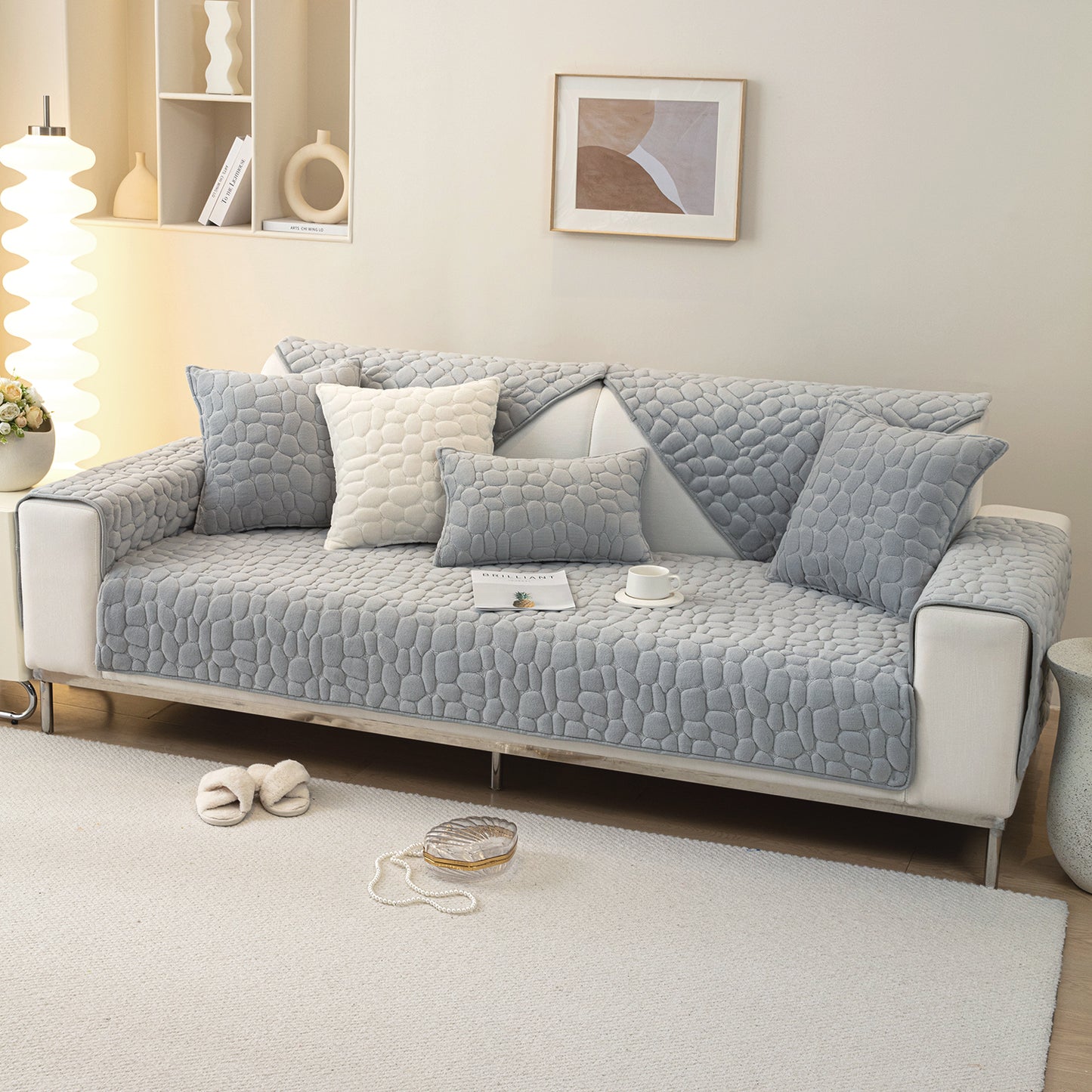 Premium Pebble Milk Velvet Anti Slip Sofa Mat for 1/2/3 Seater, Moon Grey