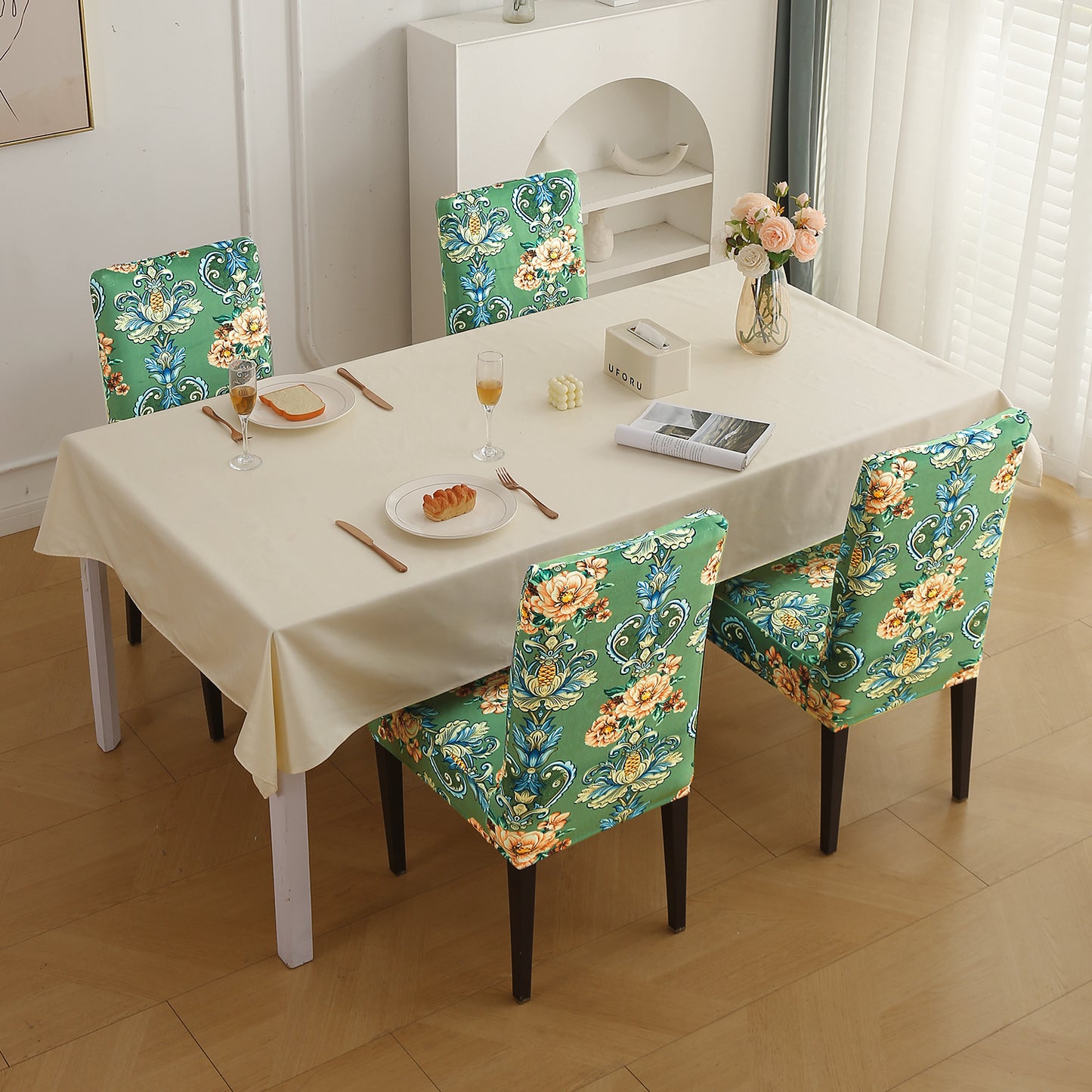 Premium Printed Velvet Dining Chair Cover Set, Green Victorian Garden