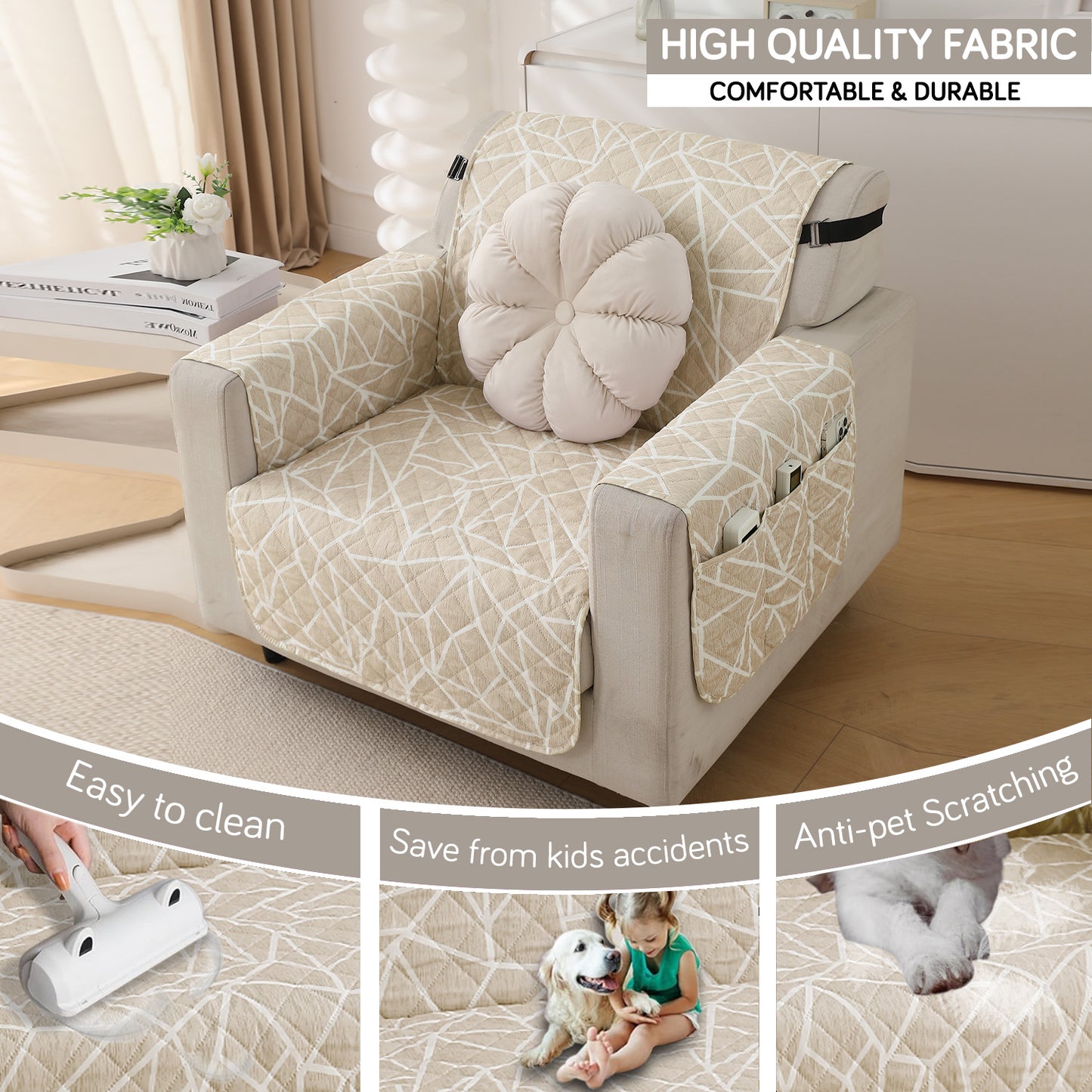 Waterproof & Quick-Dry Quilted Sofa Cover with Pockets on Armrest, Beige Abstract Geometry