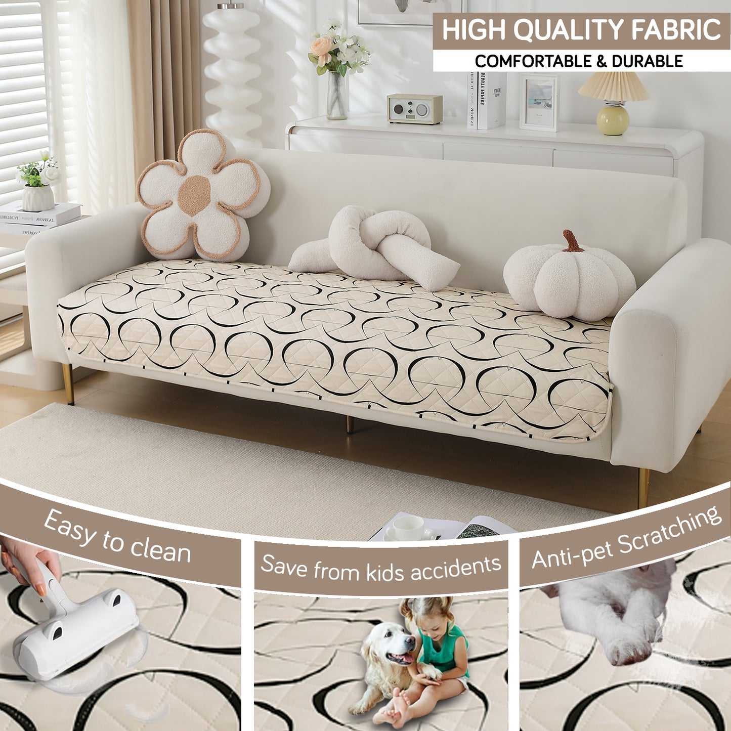 HOKIPO Water Repellent + Waterproof Quilted Sofa Mats, Natural Beige Abstract Art