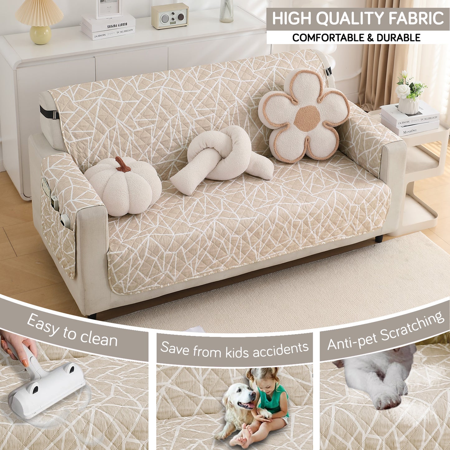 Waterproof & Quick-Dry Quilted Sofa Cover with Pockets on Armrest, Beige Abstract Geometry