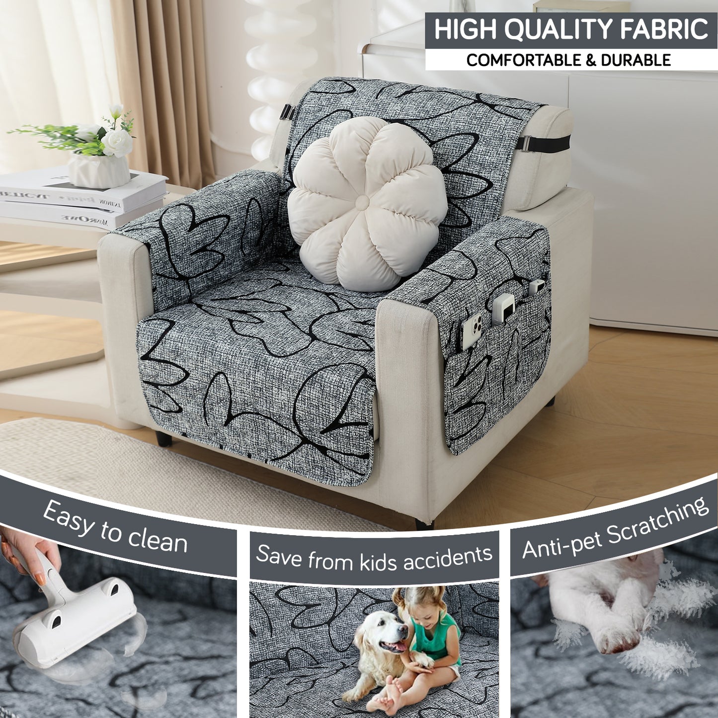 Waterproof & Quick-Dry Quilted Sofa Cover with Pockets on Armrest, Intense Grey Abstract Floral
