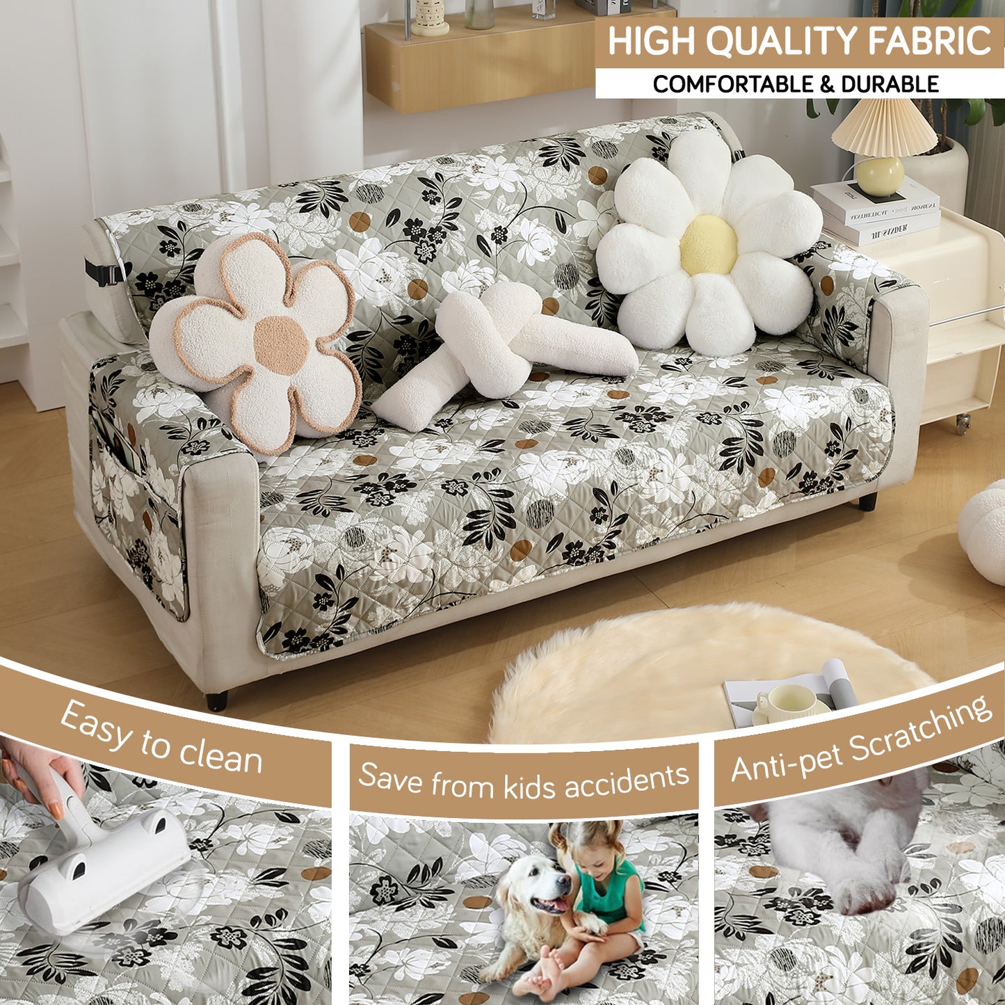 Waterproof & Quick-Dry Quilted Seater Sofa Cover with Pockets on Armrest, Feather Brown Floral