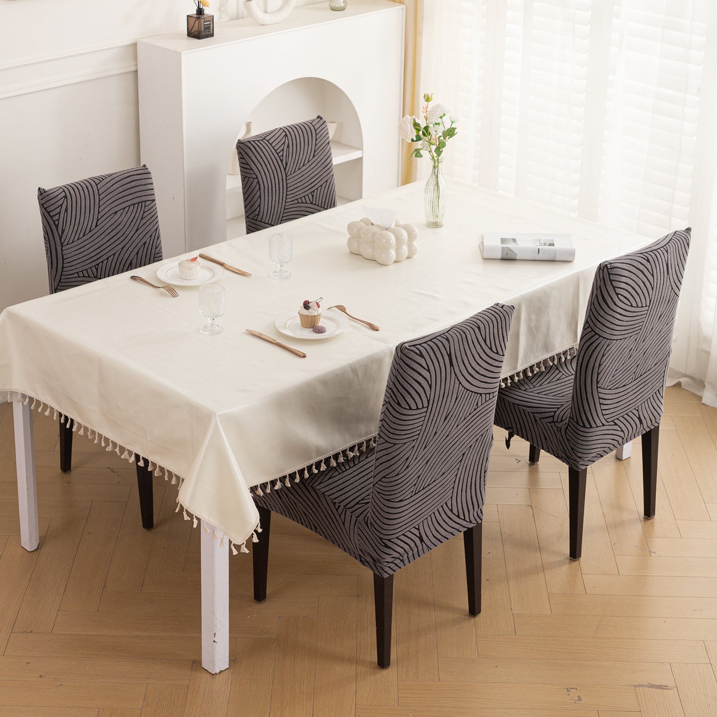 WaveLine Series 180 GSM Jacquard Chair Cover Set of 1/2/4/6, Charcoal Grey