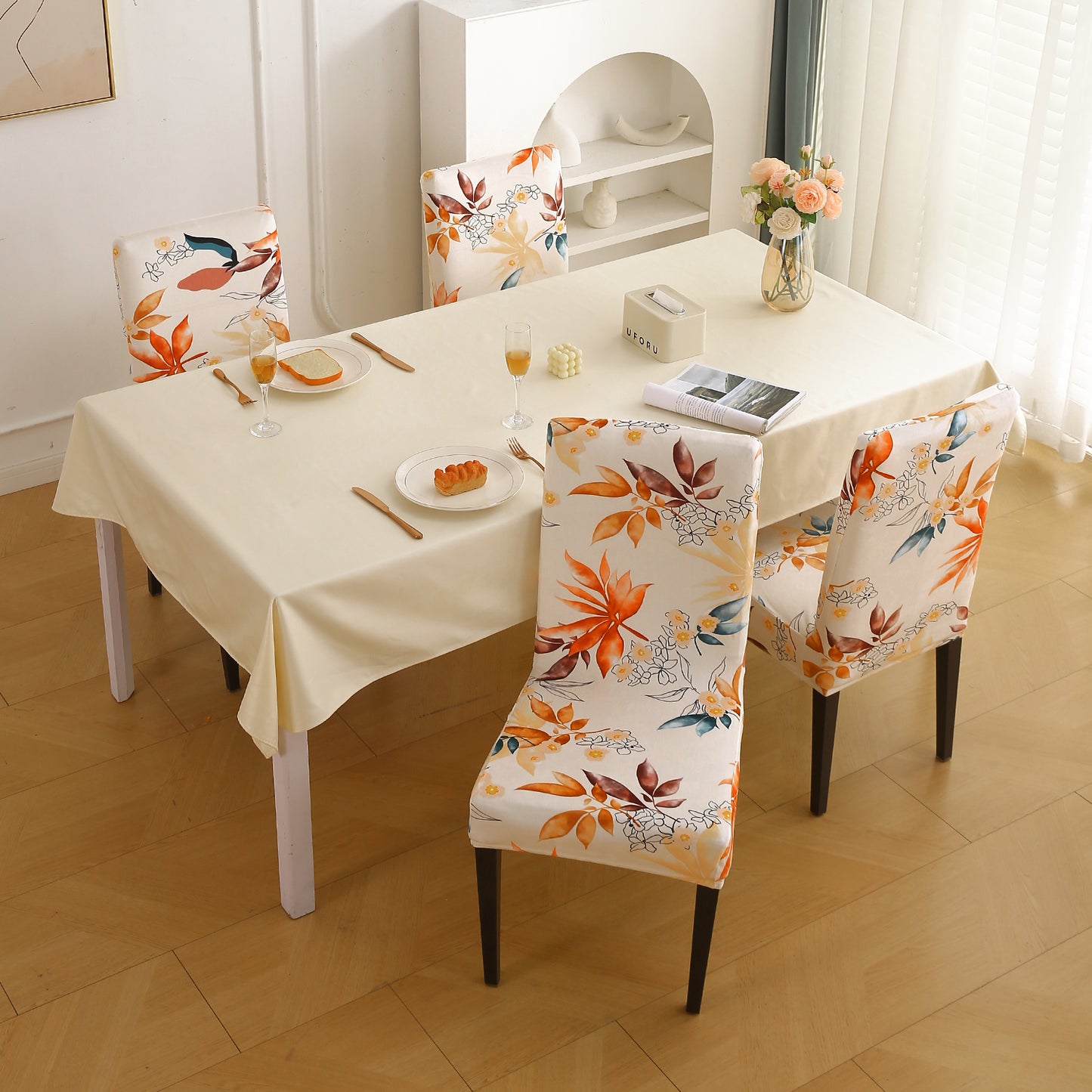 Premium Printed Velvet Dining Chair Cover Set, Amber Serene Flora
