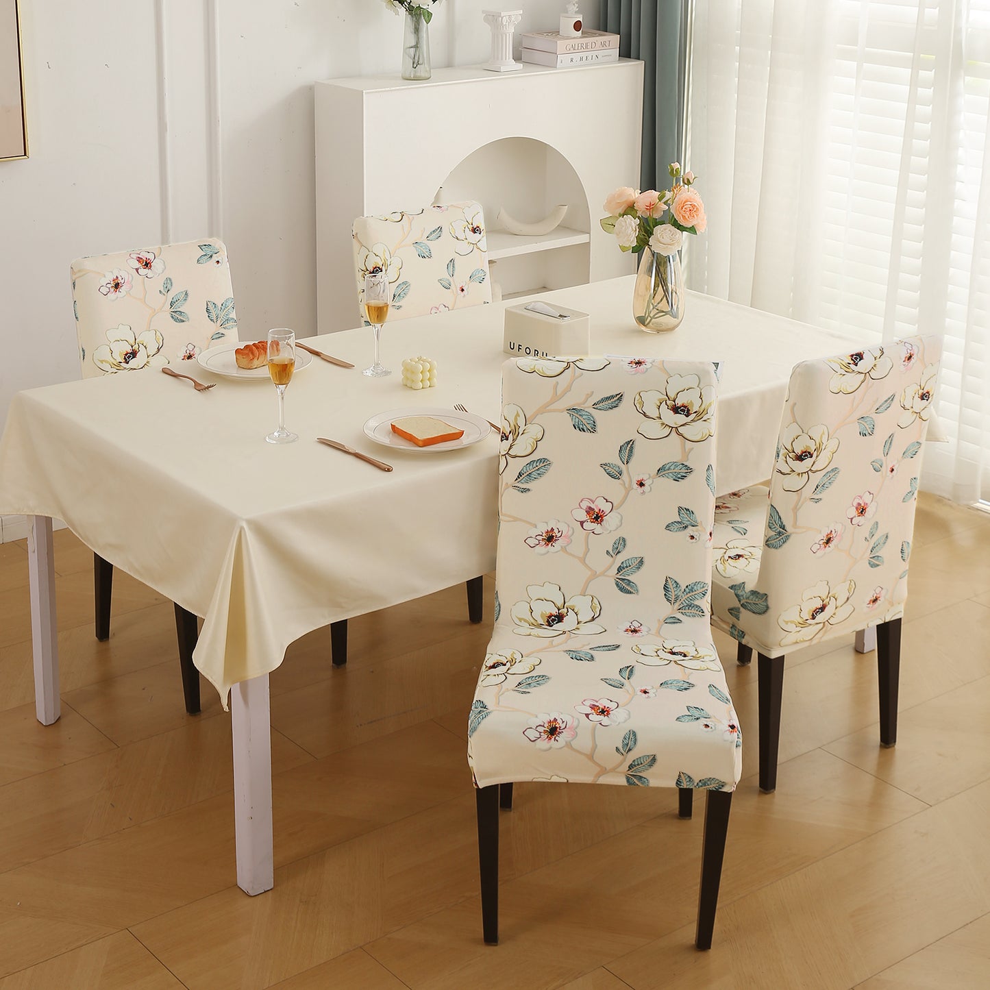 Premium Printed Velvet Dining Chair Cover Set, Buttercream Magnolia Whisper