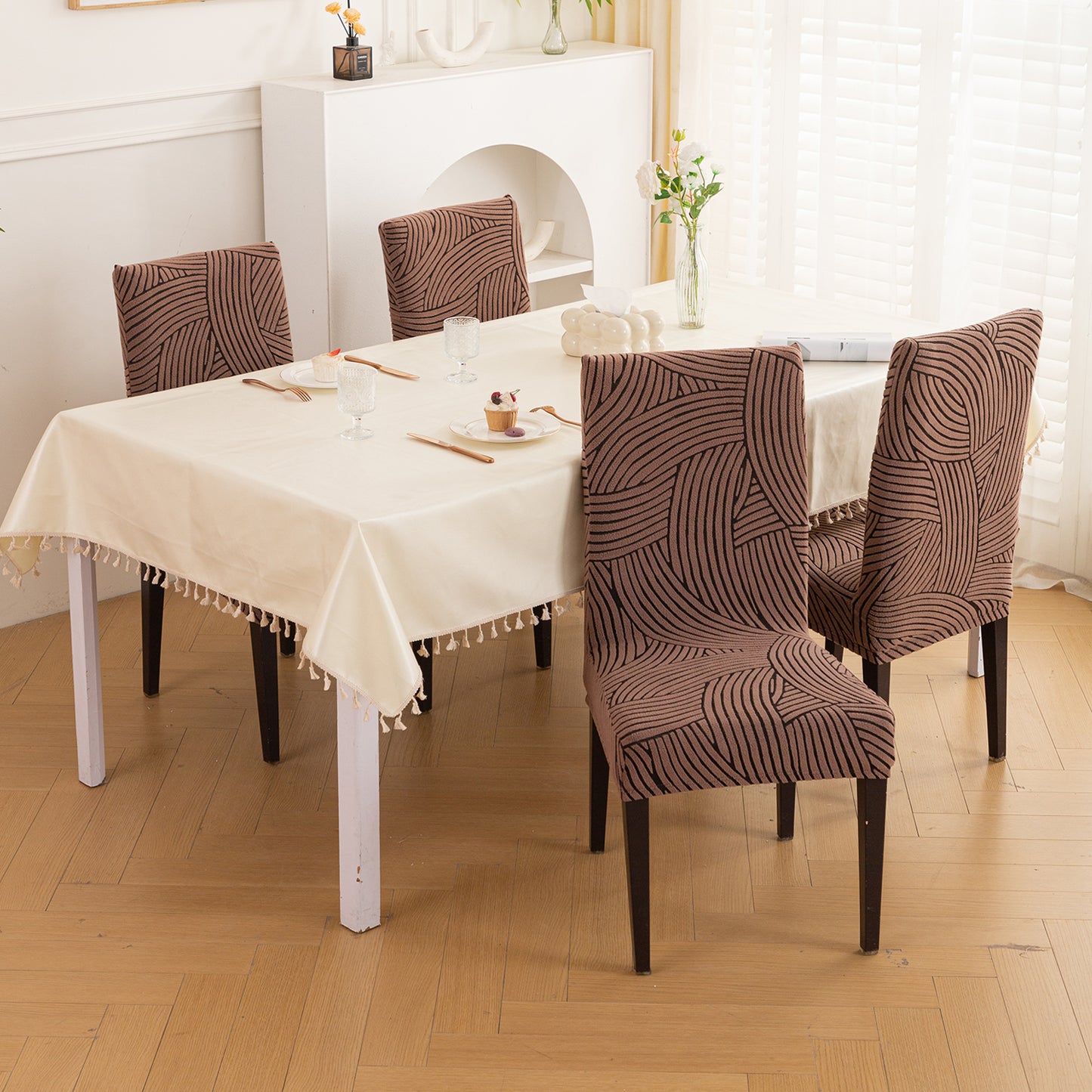 WaveLine Series 180 GSM Jacquard Chair Cover Set of 1/2/4/6, Rust Brown