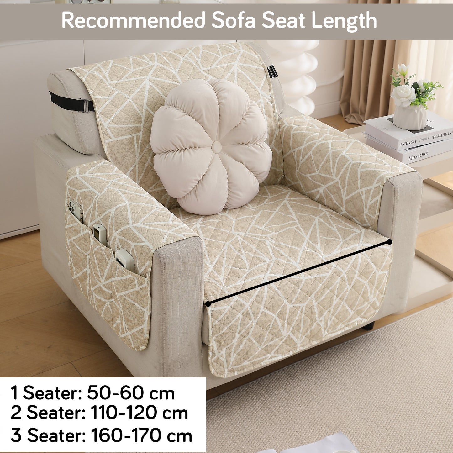 Waterproof & Quick-Dry Quilted Sofa Cover with Pockets on Armrest, Beige Abstract Geometry