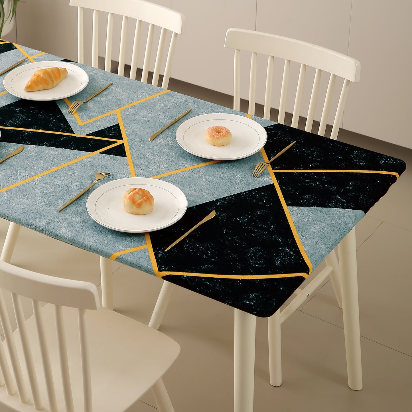 Printed Stretch Fit Water-Repellent & Anti-Slip Table Cloth Cover for 4 Seater / 6 Seater, Multicolor Abstract Geometry