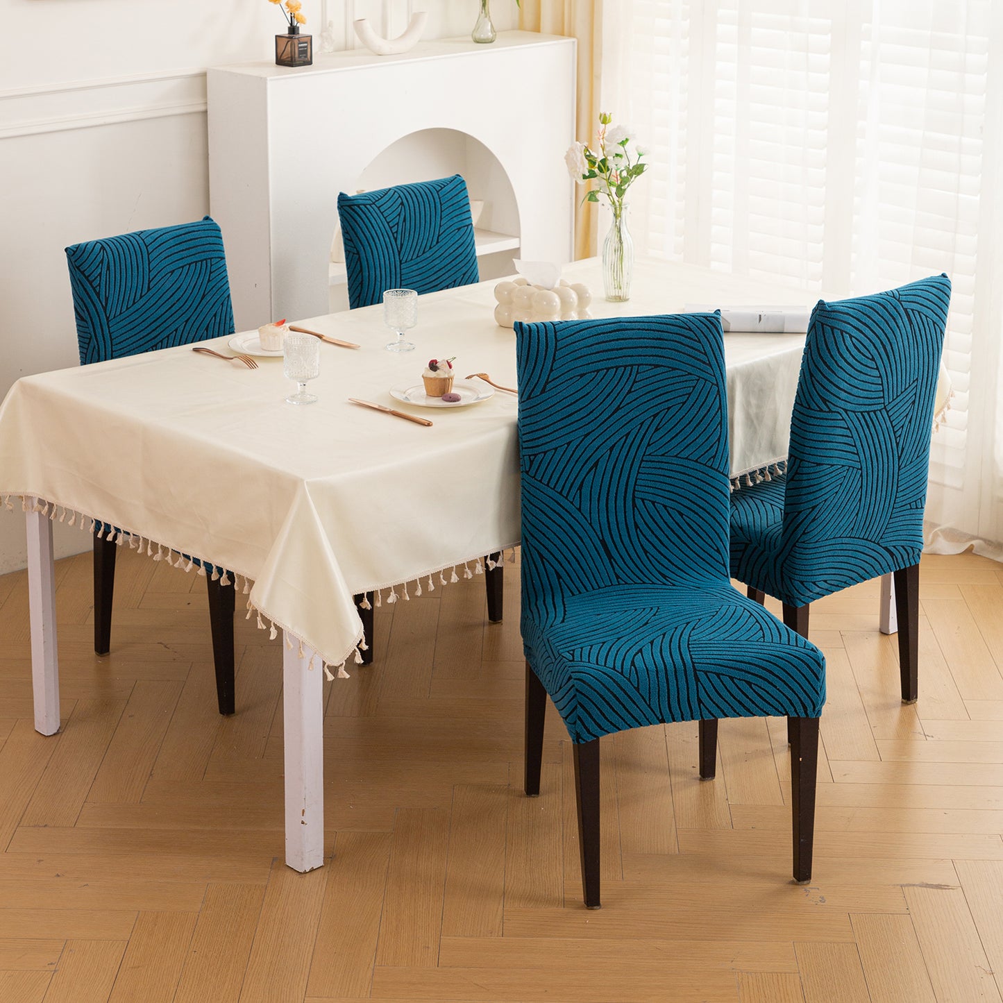 WaveLine Series 180 GSM Jacquard Chair Cover Set of 1/2/4/6, Teal Green