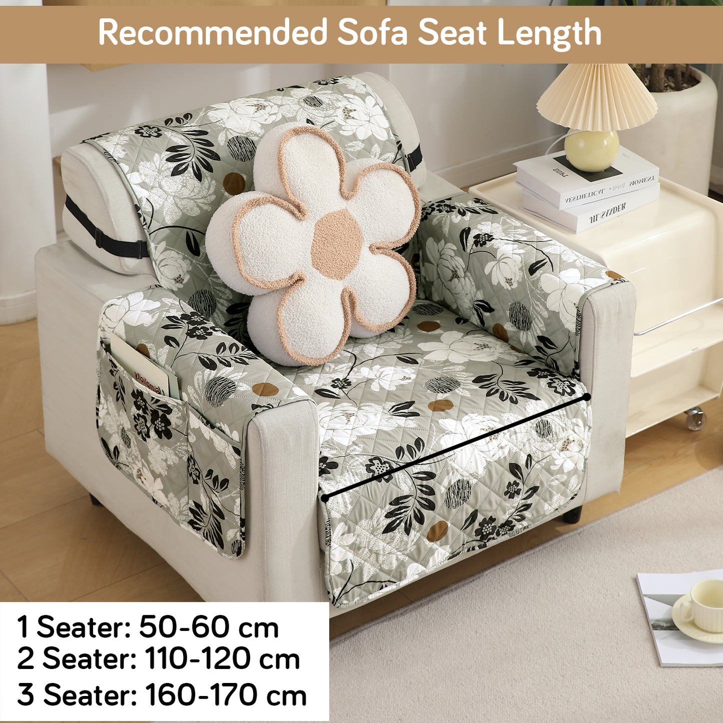 Waterproof & Quick-Dry Quilted Seater Sofa Cover with Pockets on Armrest, Feather Brown Floral