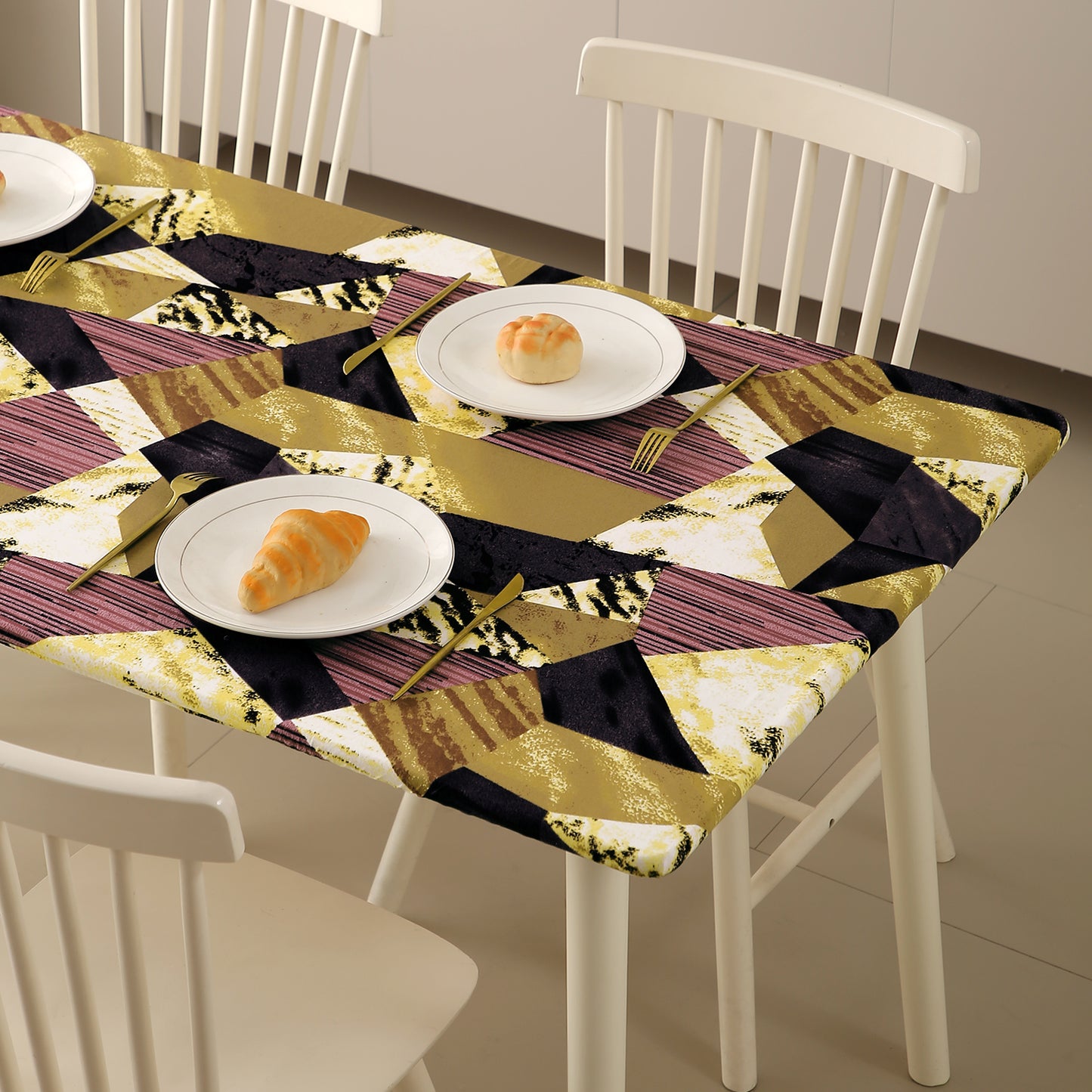 Printed Stretch Fit Water-Repellent & Anti-Slip Table Cloth Cover for 4 Seater / 6 Seater, Wine Abstract Geometry
