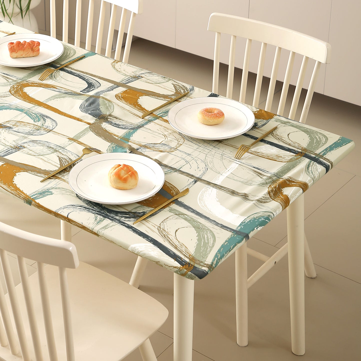 Printed Stretch Fit Water-Repellent & Anti-Slip Table Cloth Cover for 4 Seater / 6 Seater, Parchement Beige Abstract Art