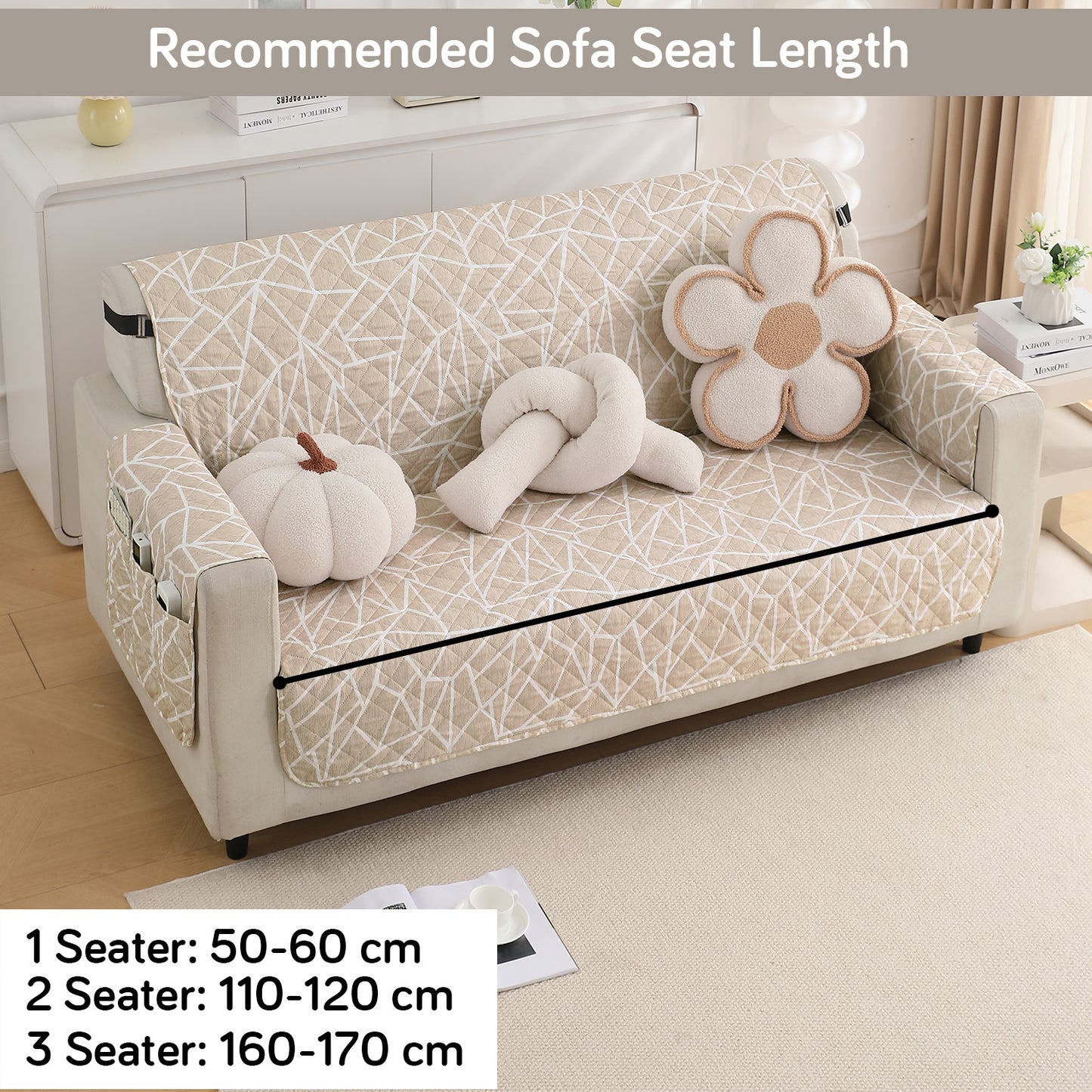 Waterproof & Quick-Dry Quilted Sofa Cover with Pockets on Armrest, Beige Abstract Geometry