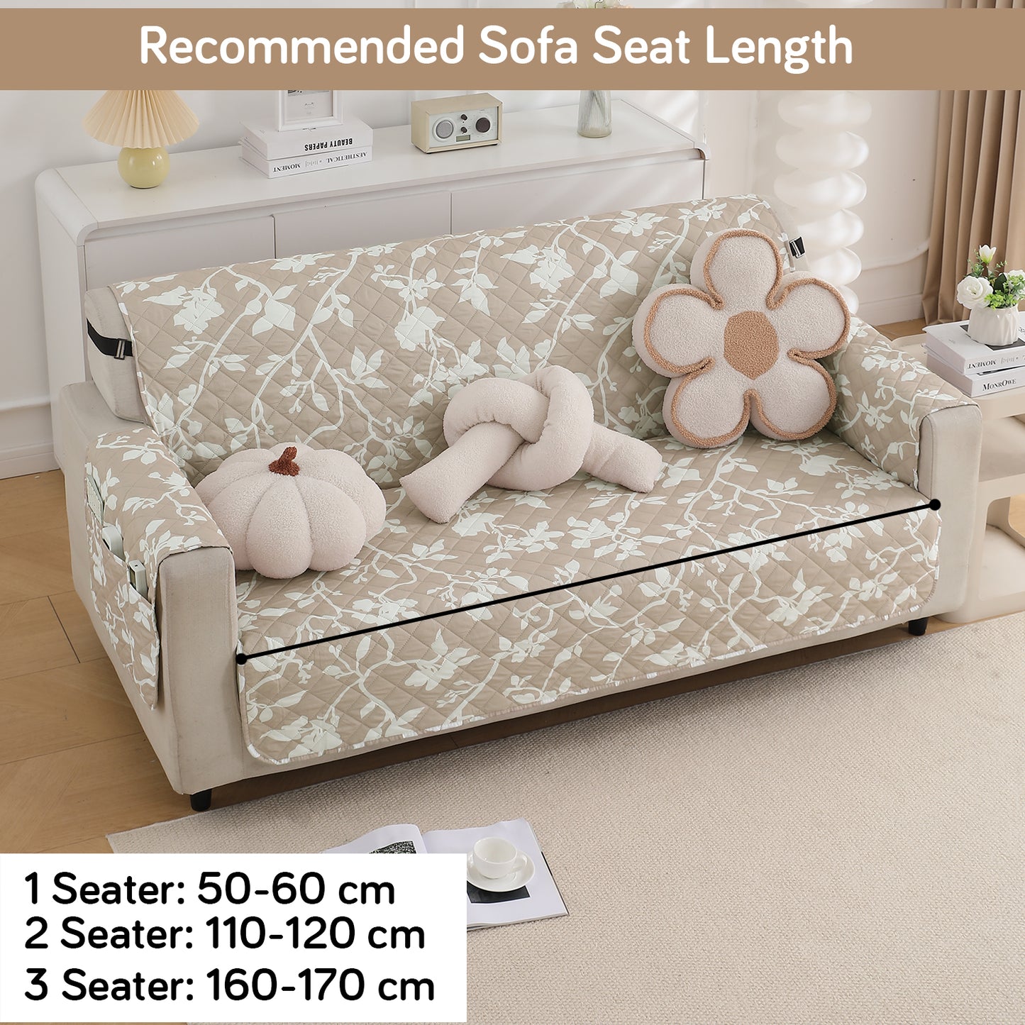 Waterproof & Quick-Dry Quilted Sofa Cover with Pockets on Armrest, Buff Brown Sillehoute Floral