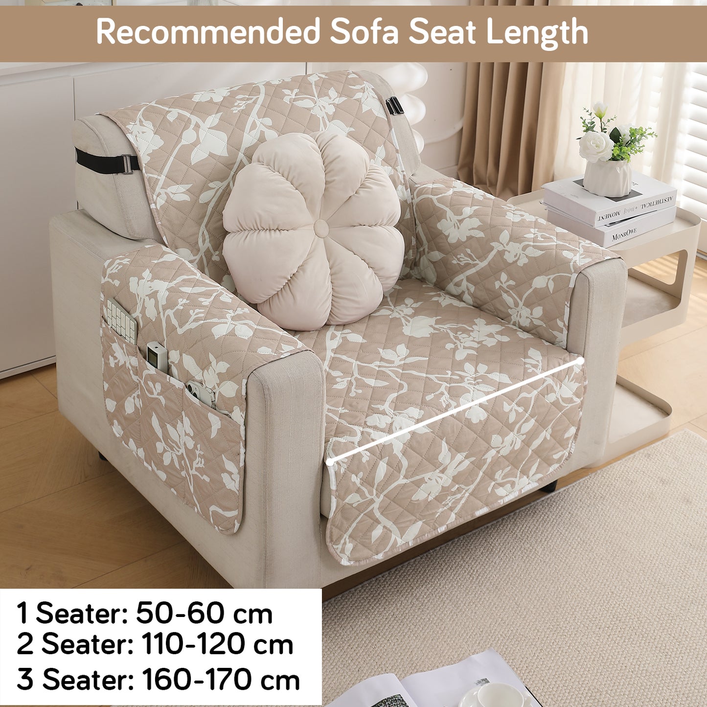 Waterproof & Quick-Dry Quilted Sofa Cover with Pockets on Armrest, Buff Brown Sillehoute Floral