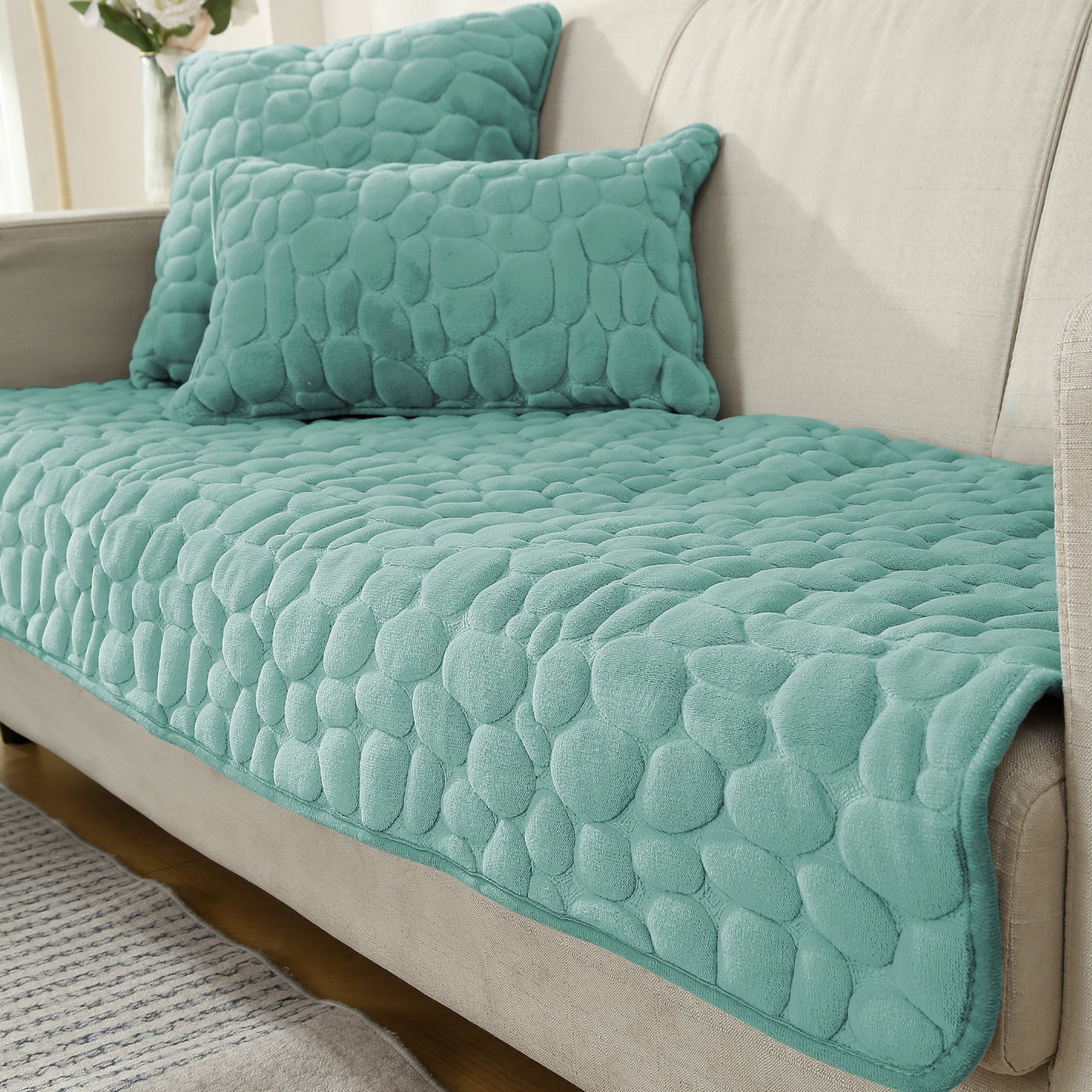 Premium Pebble Milk Velvet Anti Slip Sofa Mats, Fog Blue