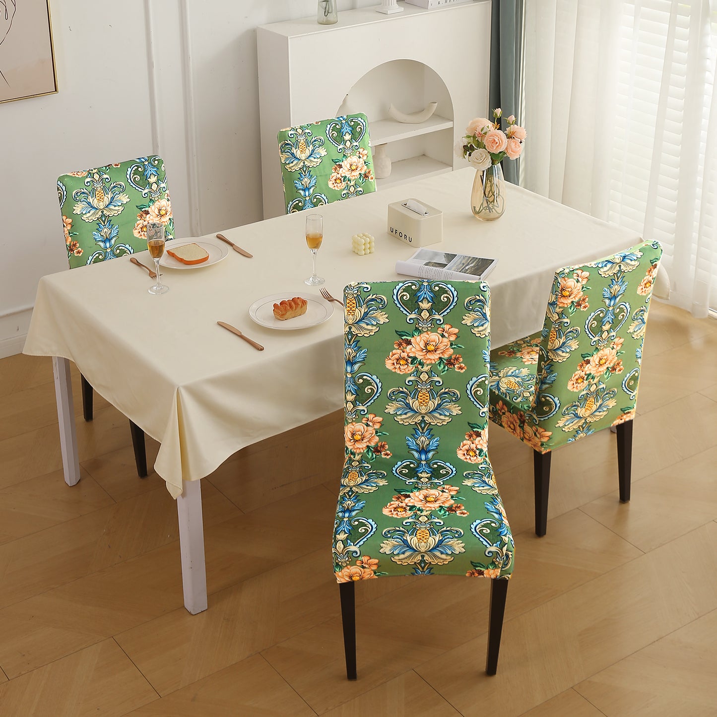 Premium Printed Velvet Dining Chair Cover Set, Green Victorian Garden
