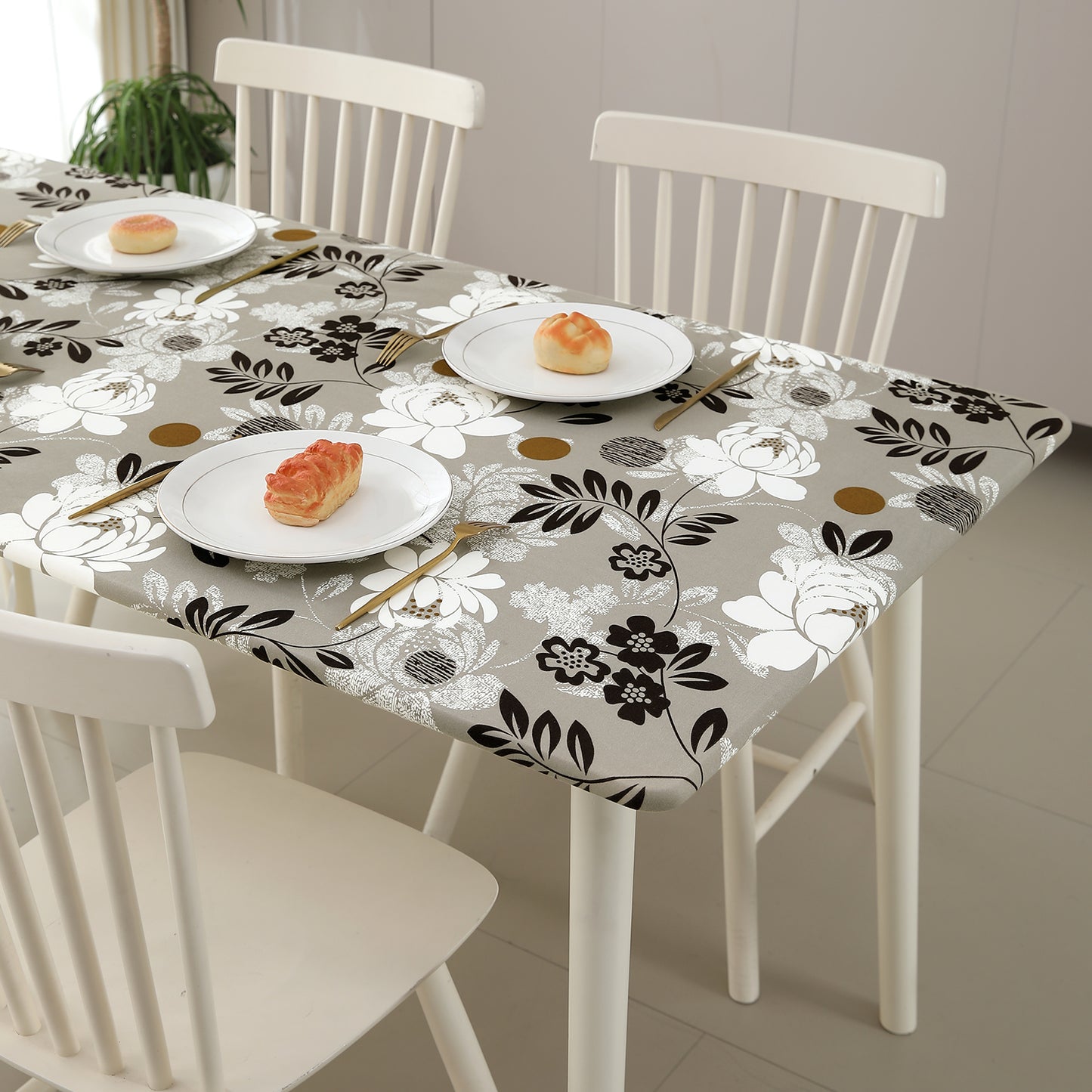 Printed Stretch Fit Water-Repellent & Anti-Slip Table Cloth Cover for 4 Seater / 6 Seater, Feather Brown Floral