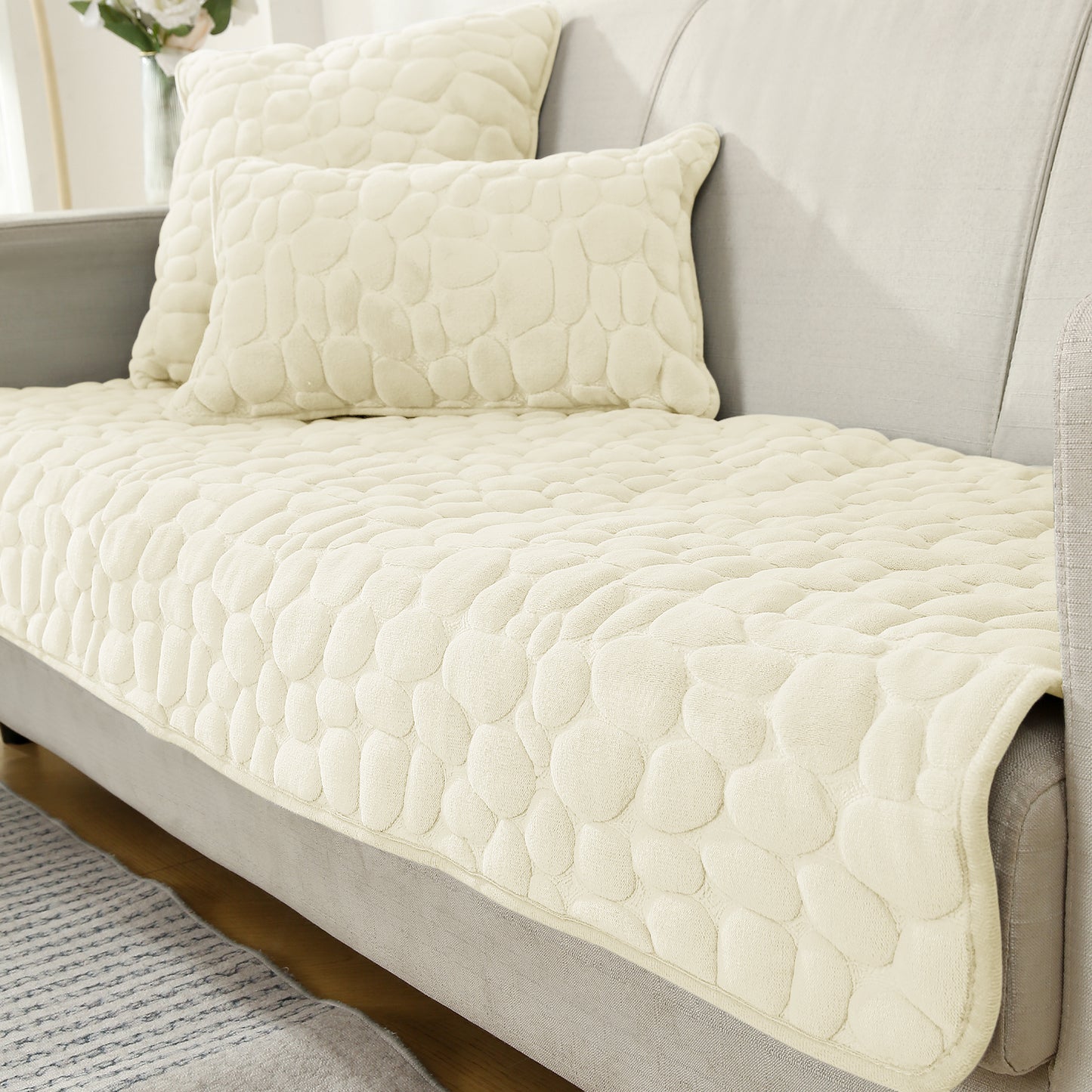 Premium Pebble Milk Velvet Anti Slip Sofa Mats, Bliss White