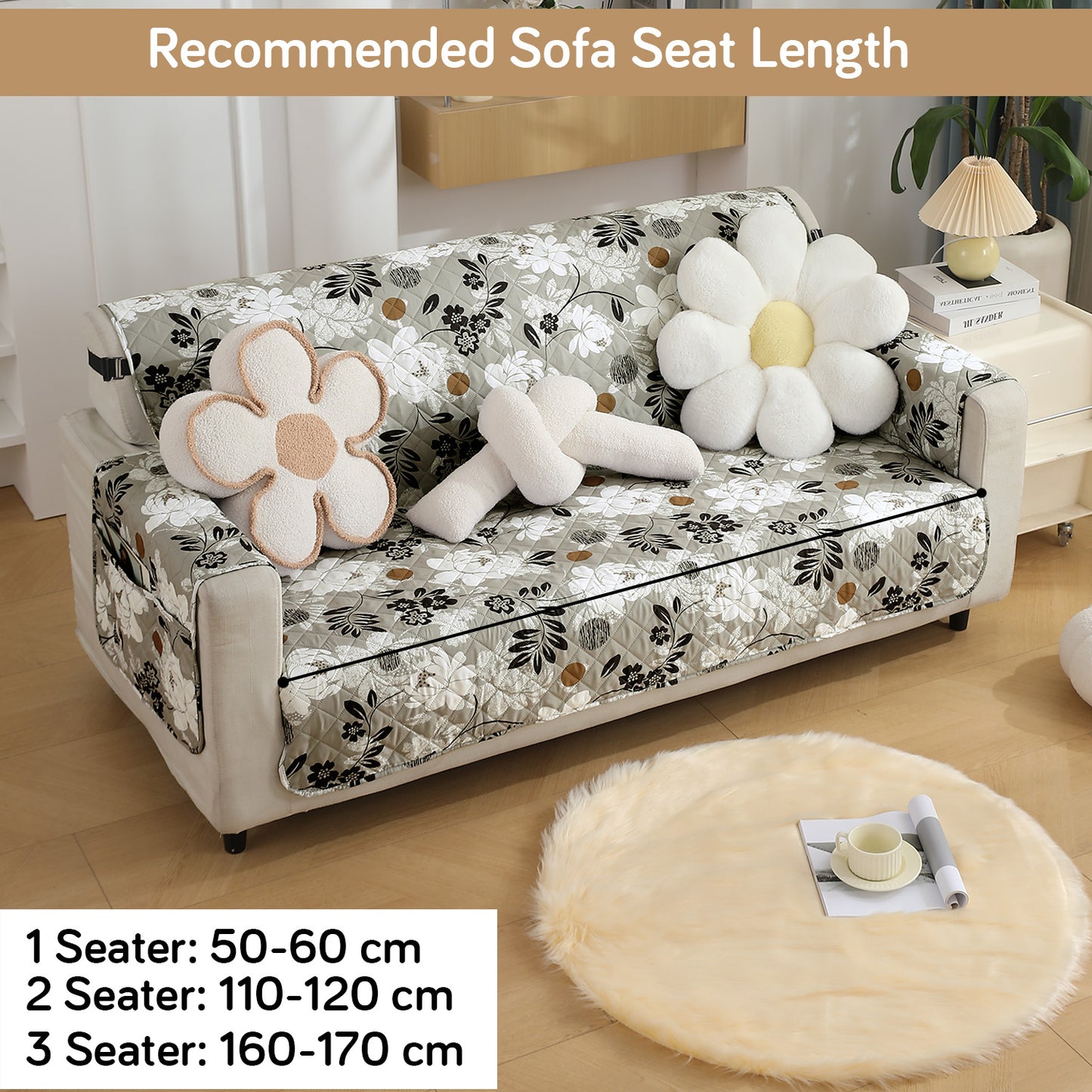 Waterproof & Quick-Dry Quilted Seater Sofa Cover with Pockets on Armrest, Feather Brown Floral