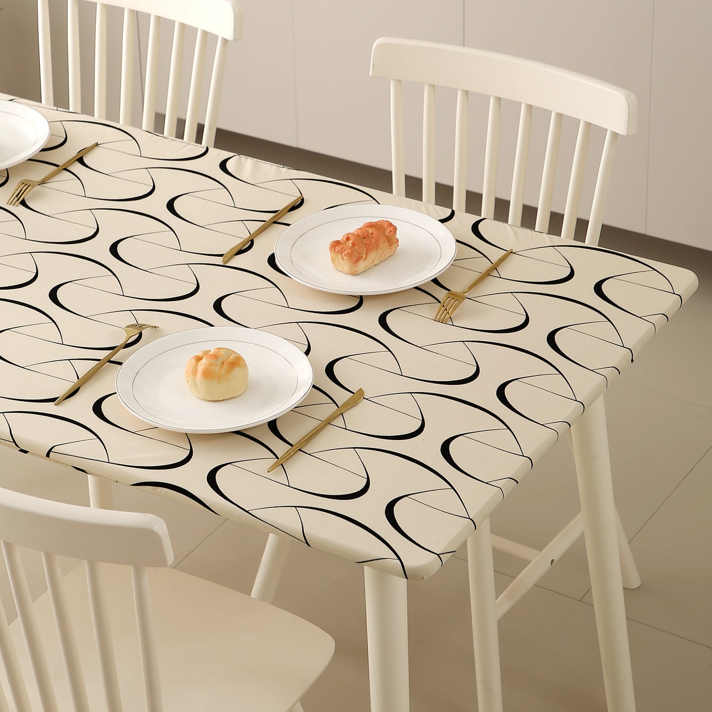 Printed Stretch Fit Water-Repellent & Anti-Slip Table Cloth Cover for 4 Seater / 6 Seater, Natural Beige Abstract Art
