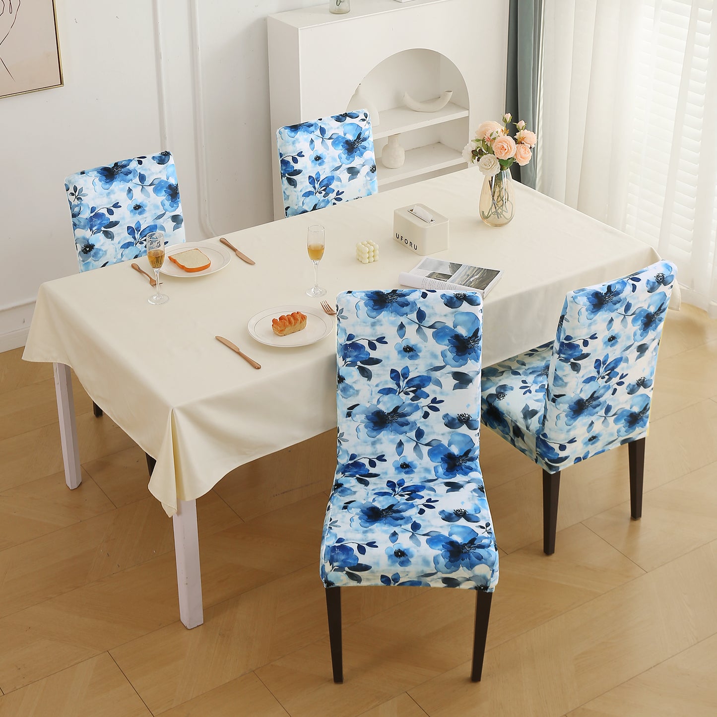 Premium Printed Velvet Dining Chair Cover Set, Blue Azure Botanical