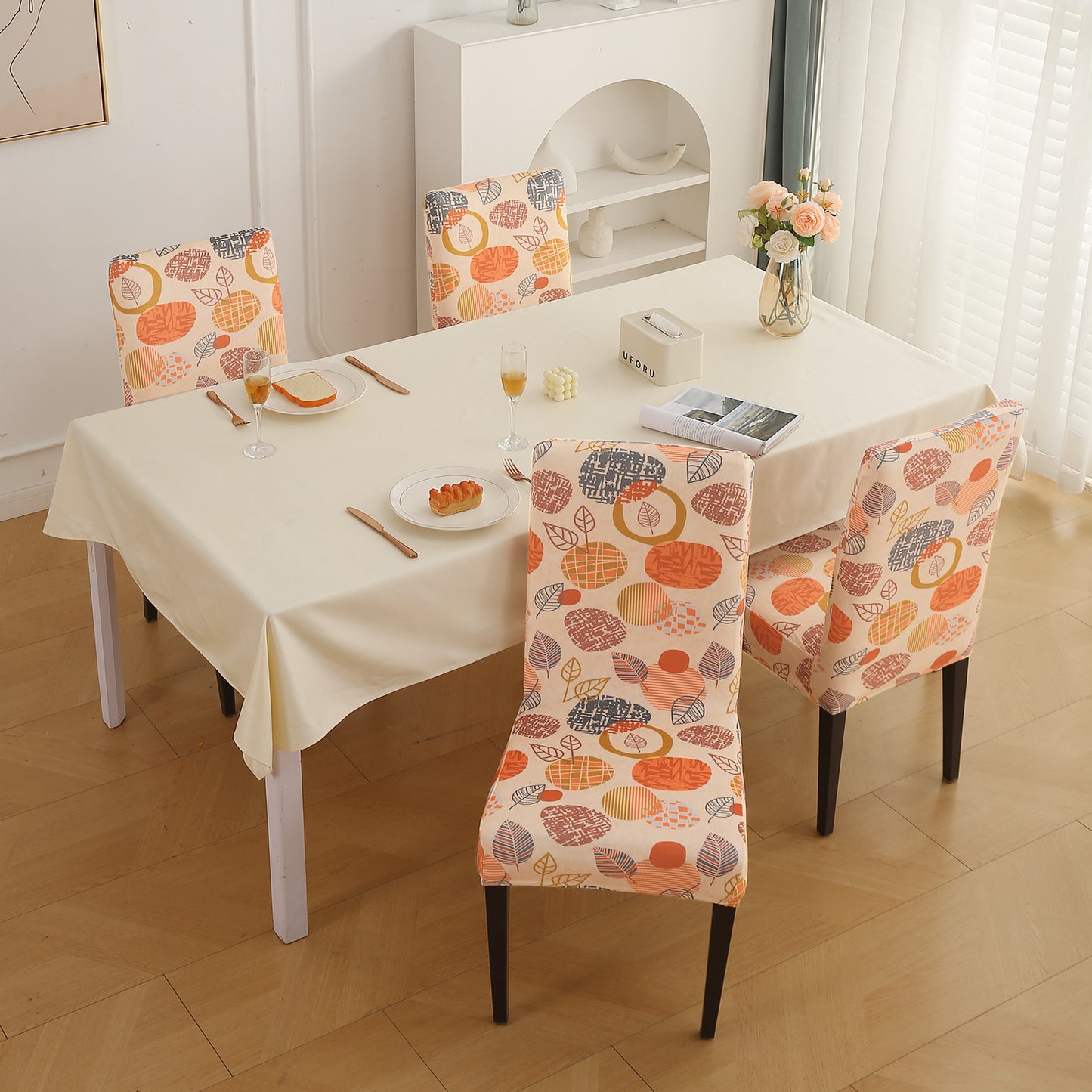 Premium Printed Velvet Dining Chair Cover Set, Coral Autumn Leaves
