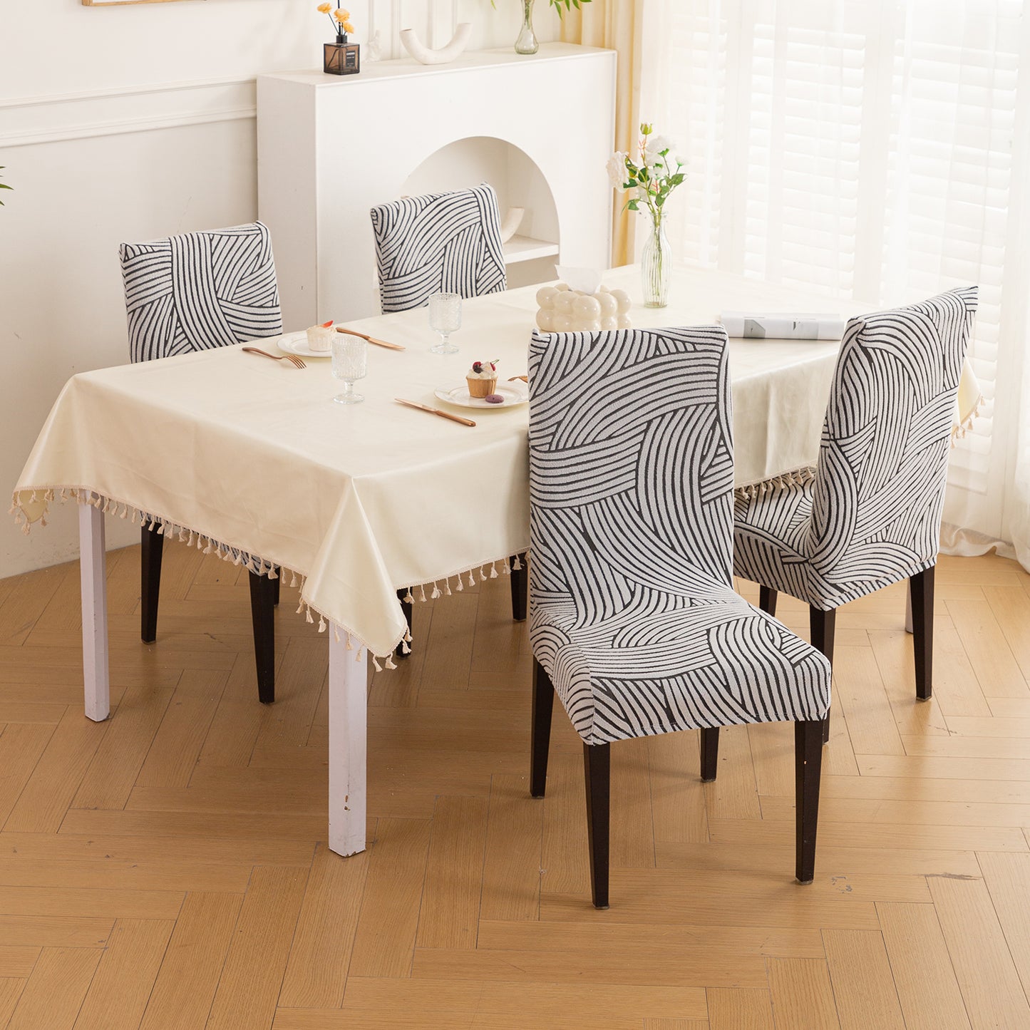 WaveLine Series 180 GSM Jacquard Chair Cover Set 1/2/4/6, Classic White