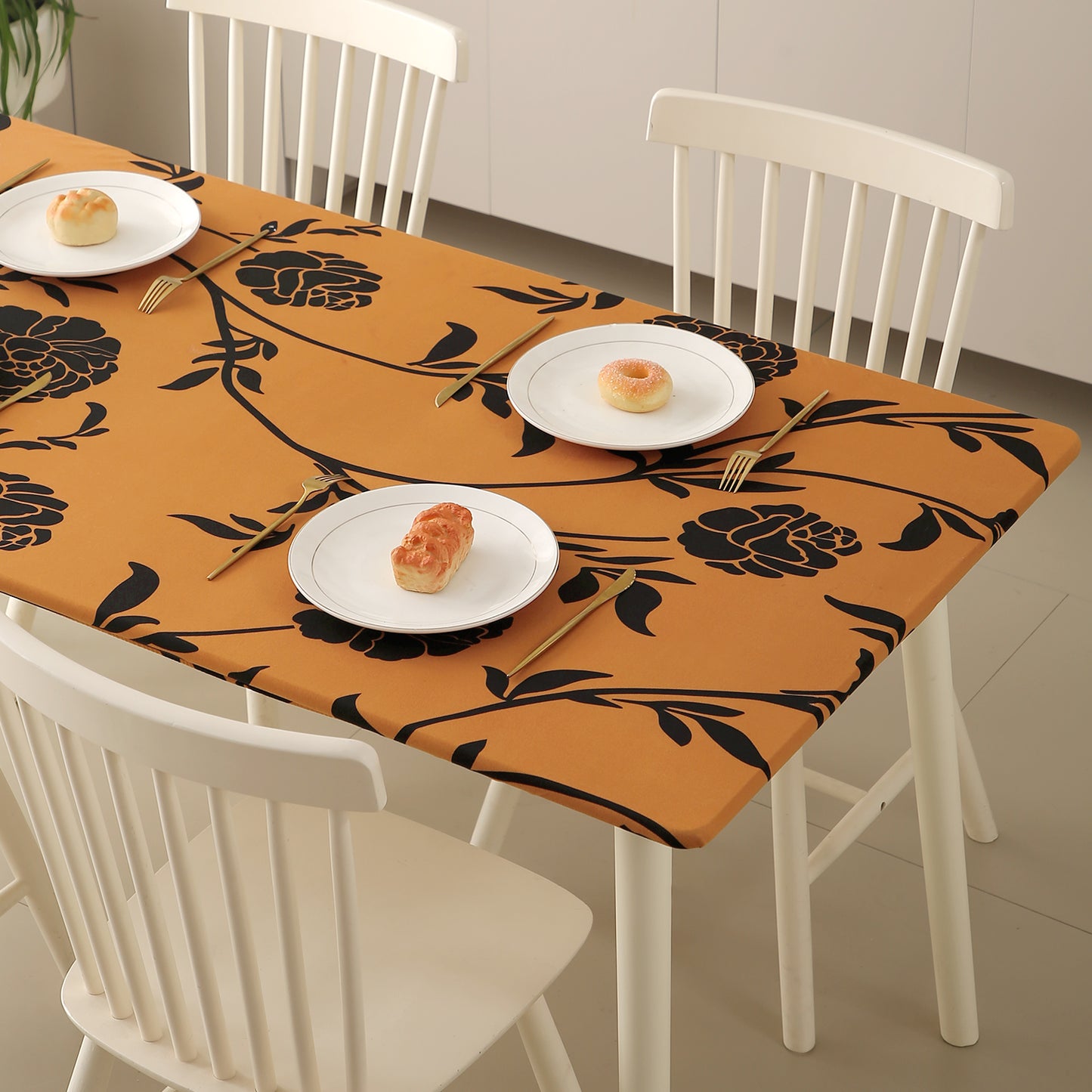 Printed Stretch Fit Water-Repellent & Anti-Slip Table Cloth Cover for 4 Seater / 6 Seater, Copper Brown Floral