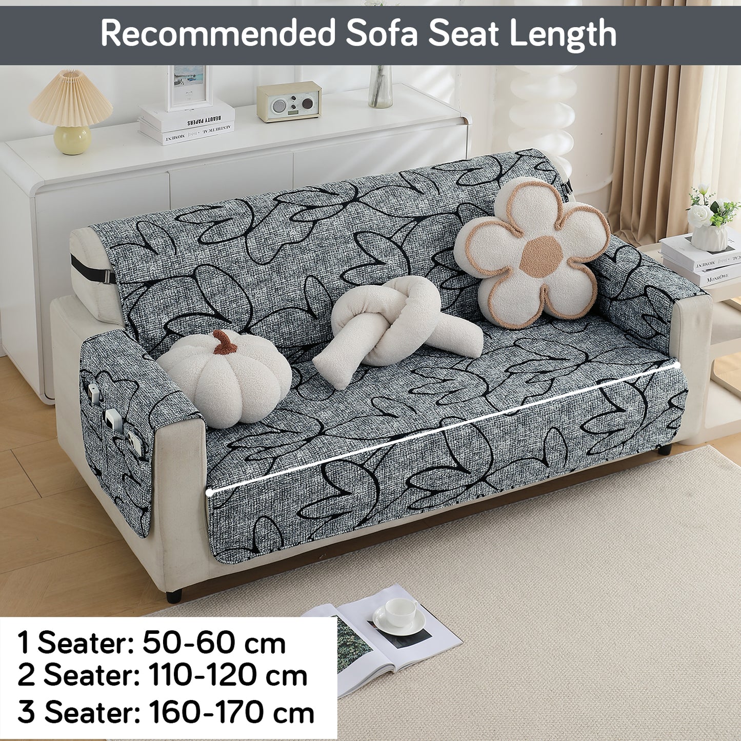 Waterproof & Quick-Dry Quilted Sofa Cover with Pockets on Armrest, Intense Grey Abstract Floral