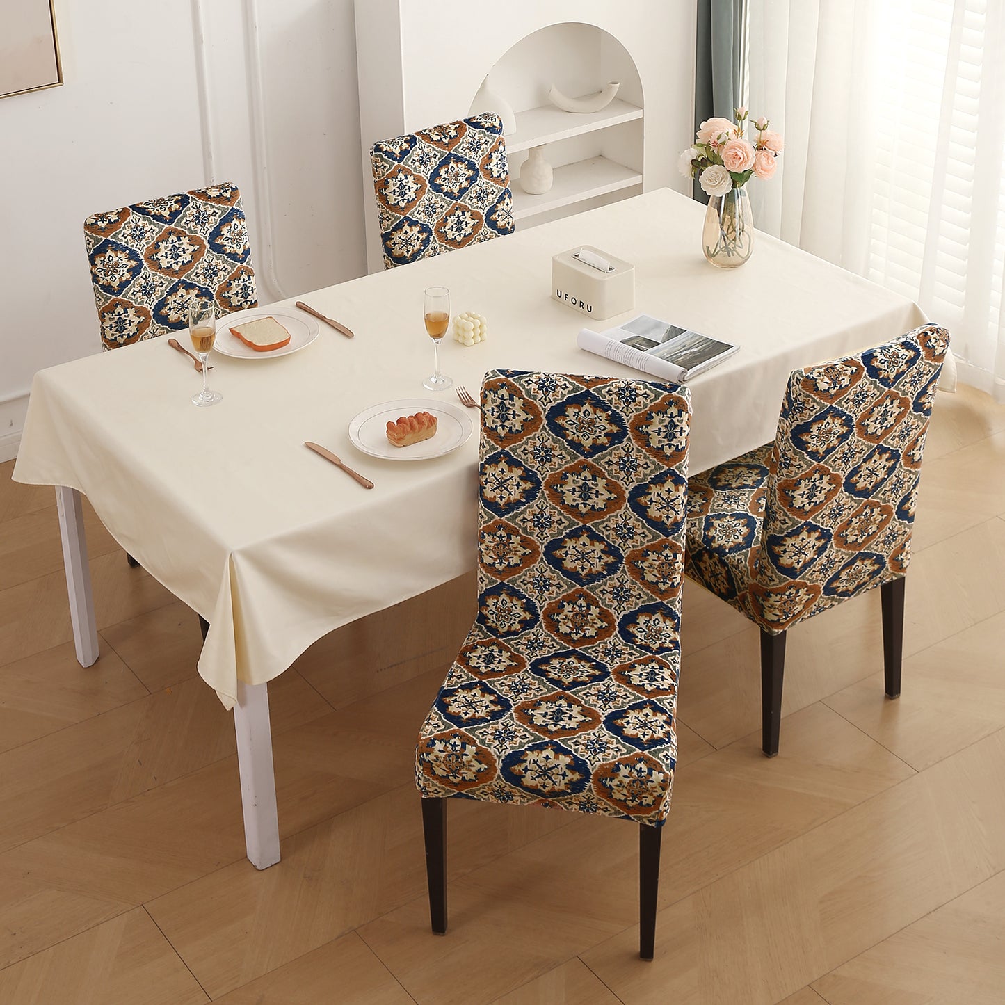 Premium Printed Velvet Dining Chair Cover Set, Indigo Moroccan Charm