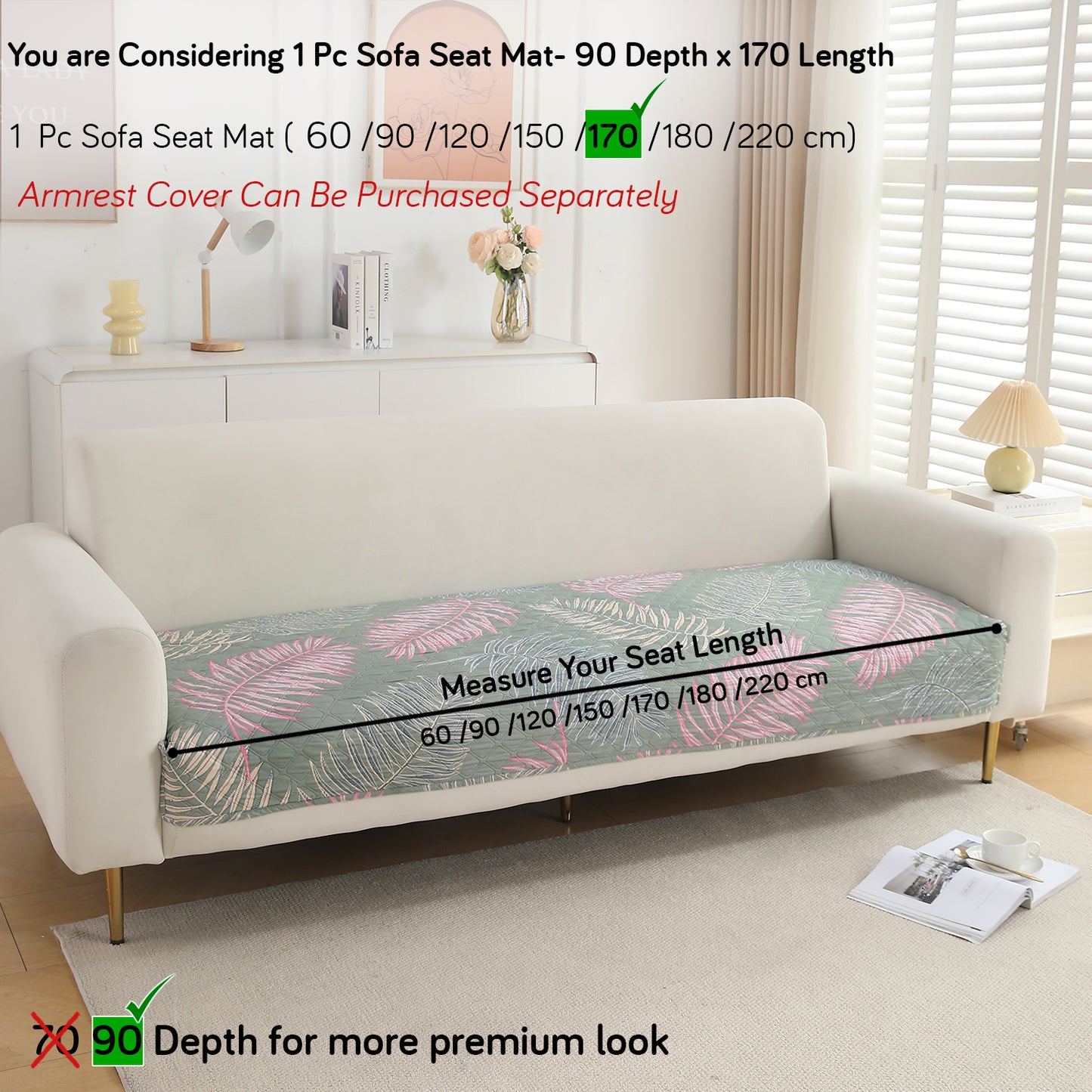 Polyester Printed Quilted Sofa Cover Mats, Tropical Leaves Pastel Green