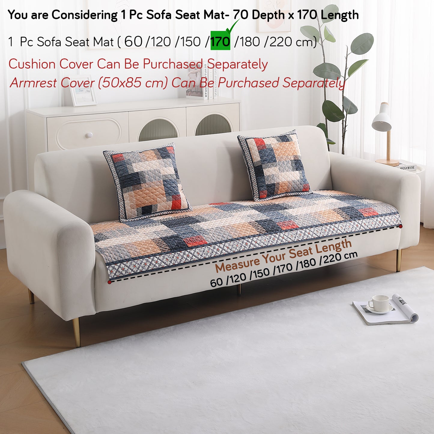 LiefNest Holland Velvet Sofa Cover Mat with Foam Filling - Urban Grid Multicolor