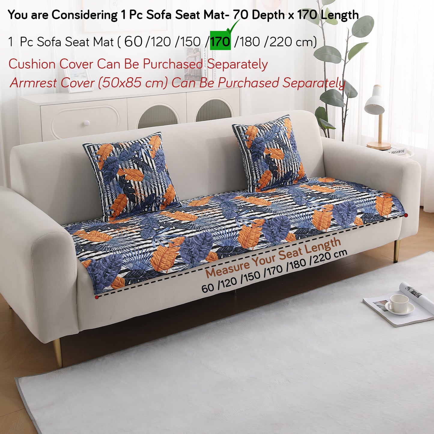 LiefNest Holland Velvet Sofa Cover Mat with Foam Filling - Tropical Leaves Dusk Blue