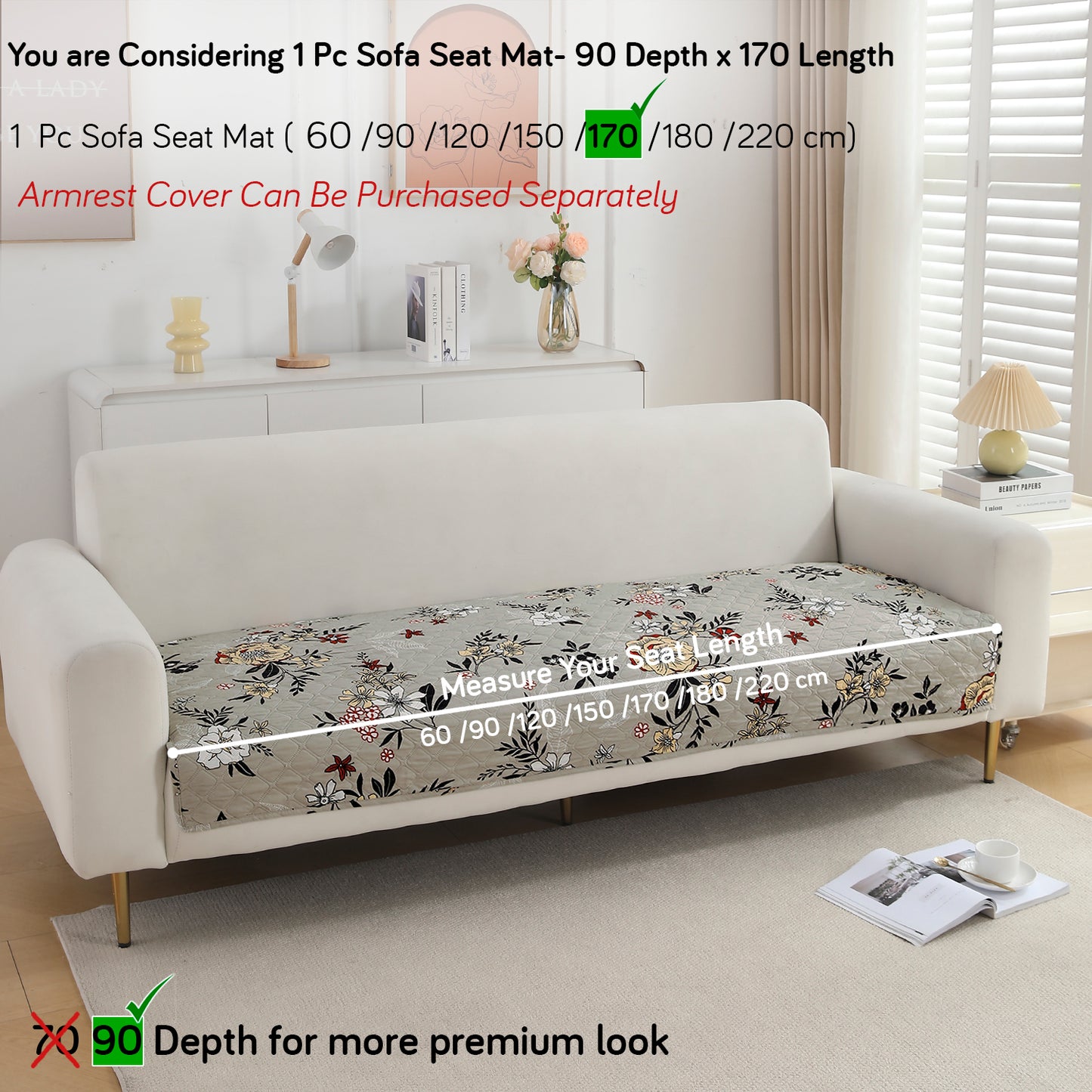 Polyester Printed Quilted Sofa Cover Mats, Floral Ash Grey