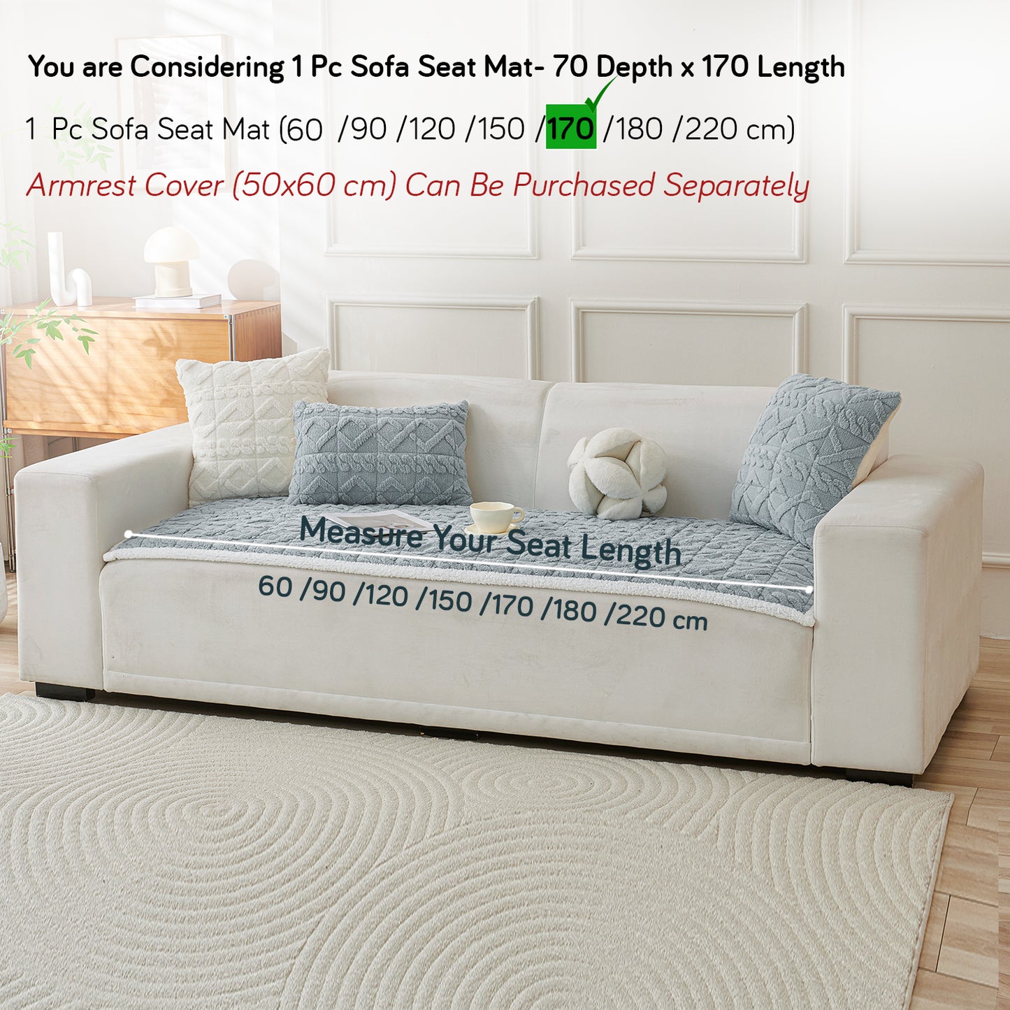'Italian Caelora' Luxury Jacquard Plush Sofa Cover Mat and Anti-Slip Armrest Covers - Powder Blue