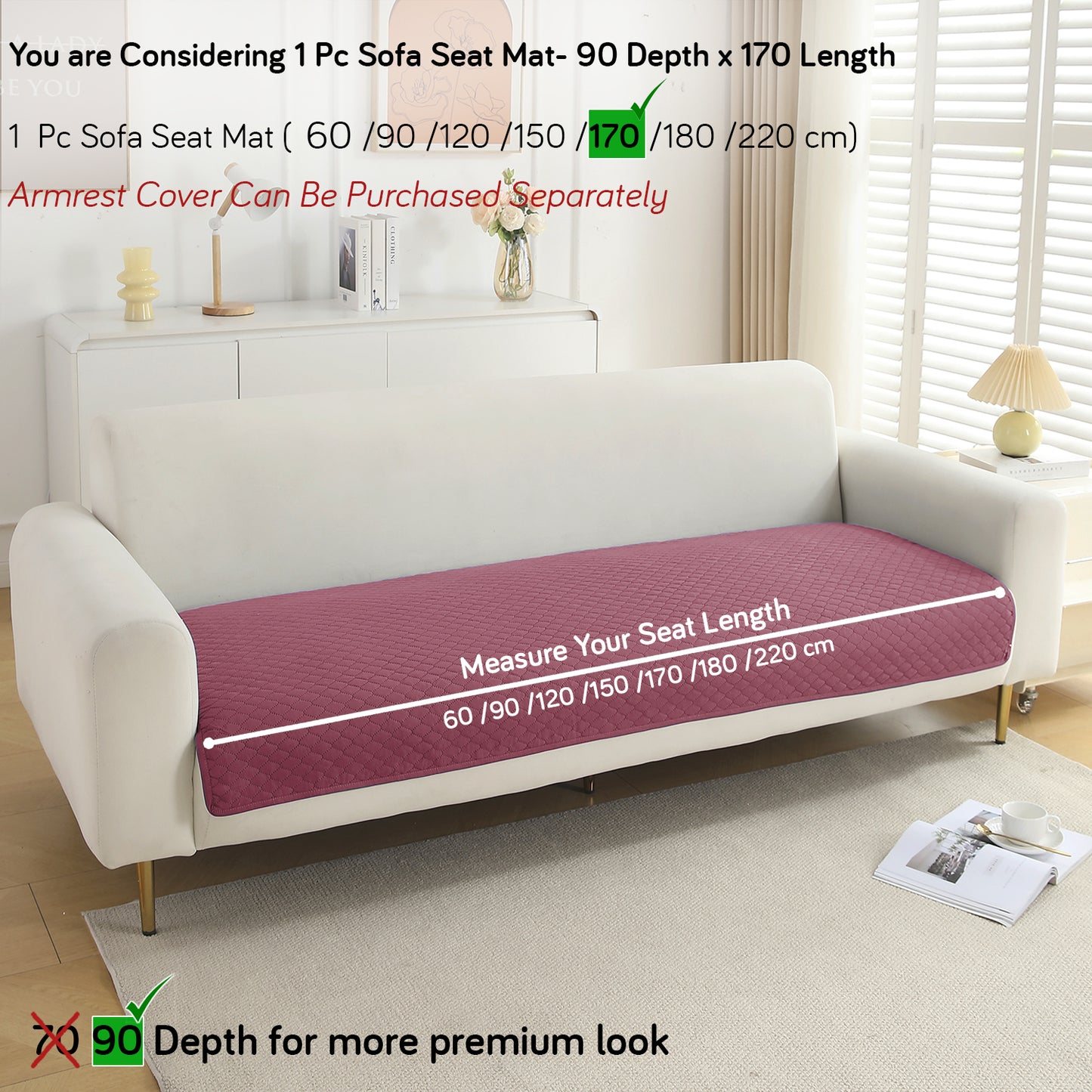 Polyester Quilted Sofa Cover Mats, Mauve Pink