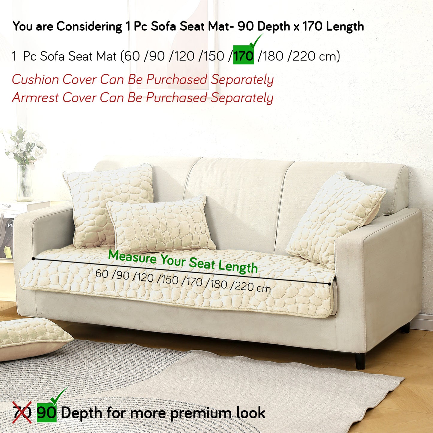Premium Pebble Milk Velvet Anti Slip Sofa Mats, Bliss White