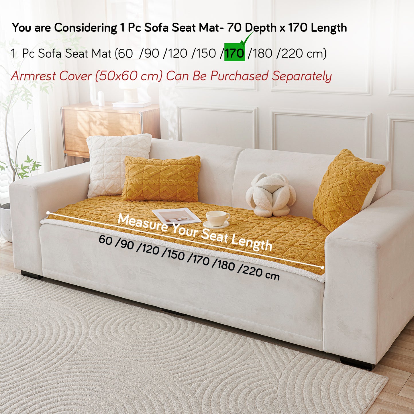'Italian Caelora' Luxury Jacquard Plush Sofa Cover Mat and Anti-Slip Armrest Covers - Honey Yellow