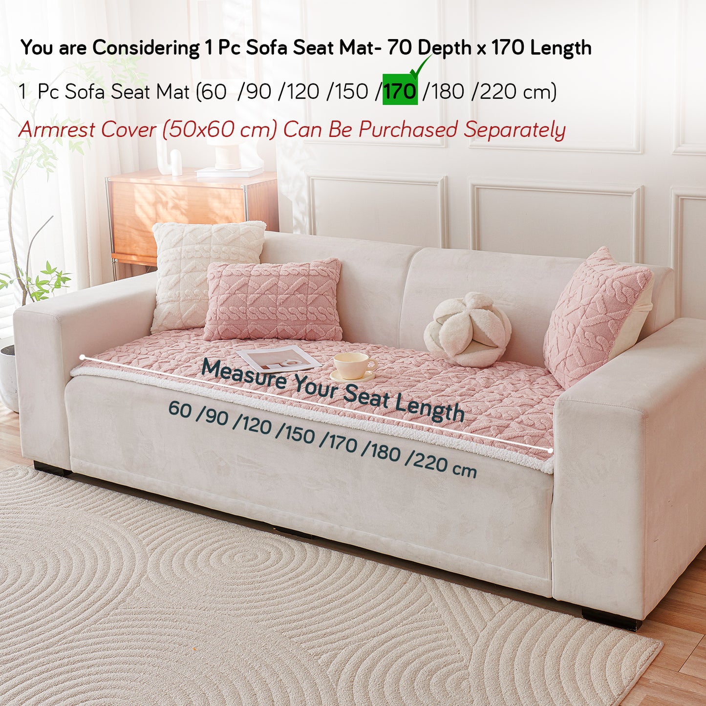 'Italian Caelora' Luxury Jacquard Plush Sofa Cover Mat and Anti-Slip Armrest Covers - Misty Rose