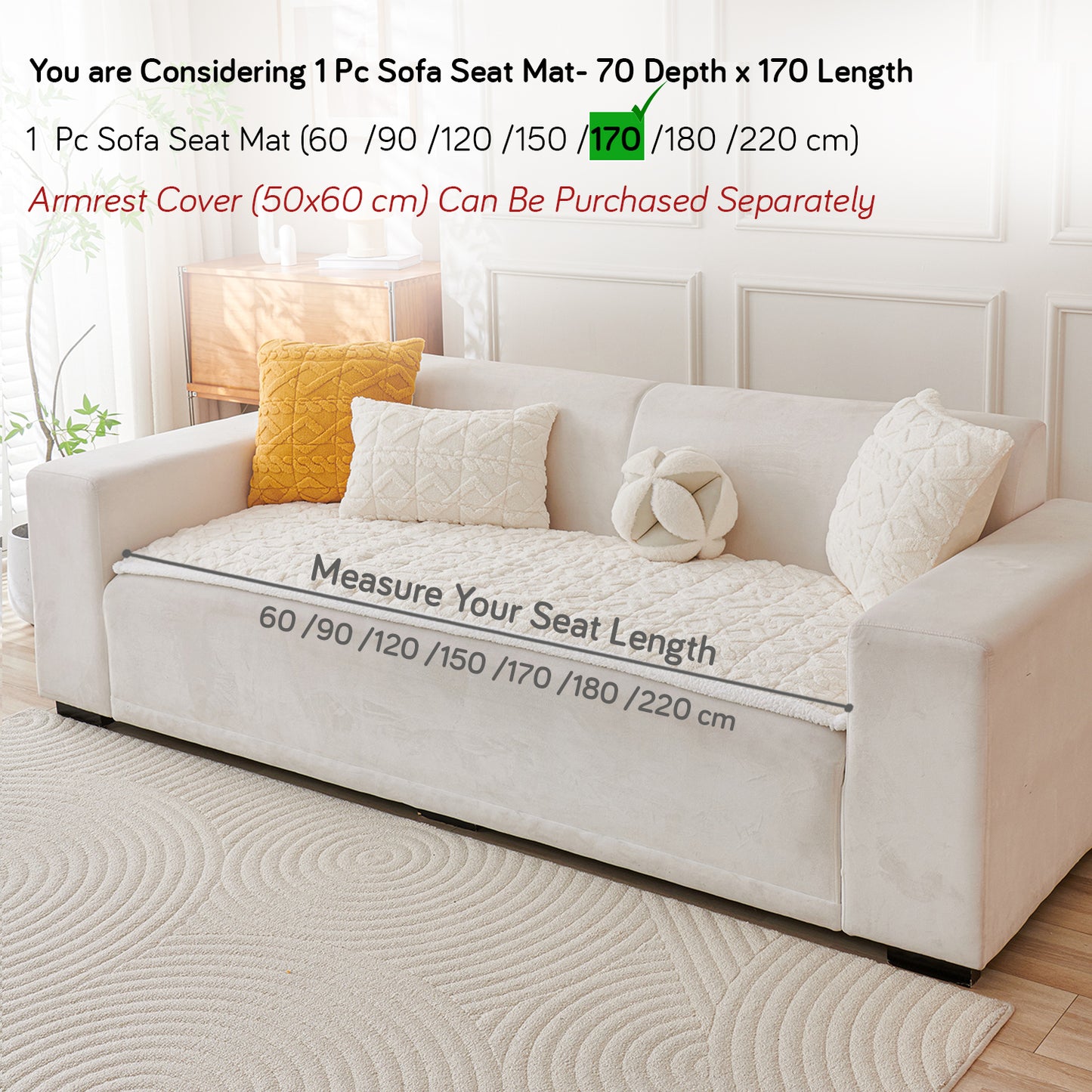 'Italian Caelora' Luxury Jacquard Plush Sofa Cover Mat and Anti-Slip Armrest Covers - Pearl Whit