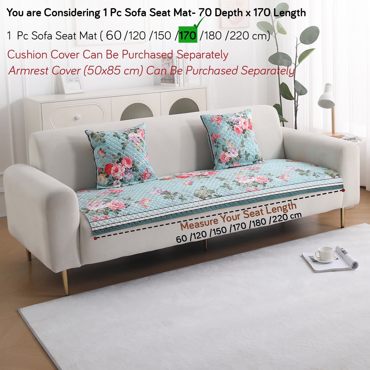 LiefNest Holland Velvet Sofa Cover Mat with Foam Filling - Fresh Floral Pastel Blue