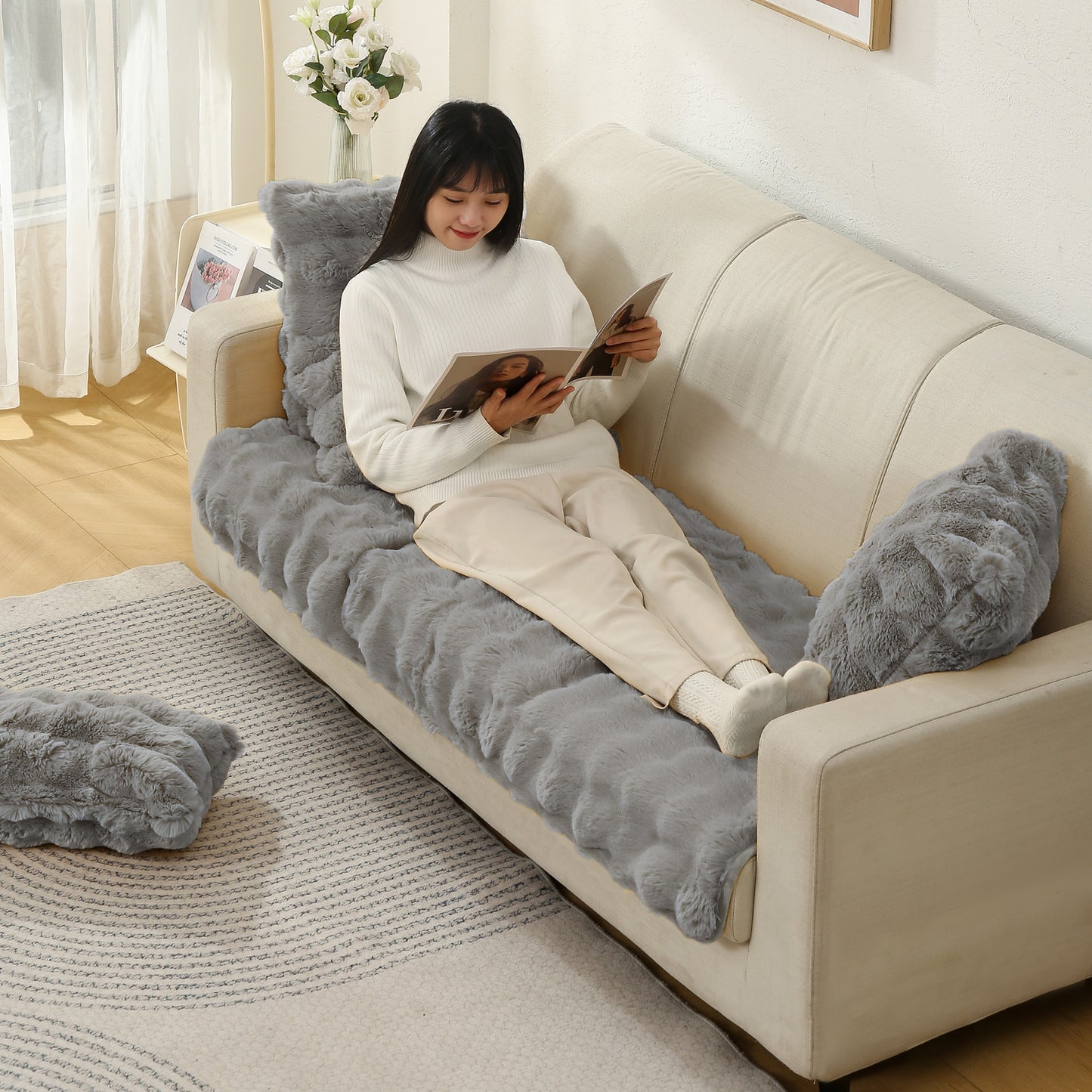 Premium Faux Rabbit Fur Anti Slip Sofa Mat for 1/2/3 Seater, Cool Grey